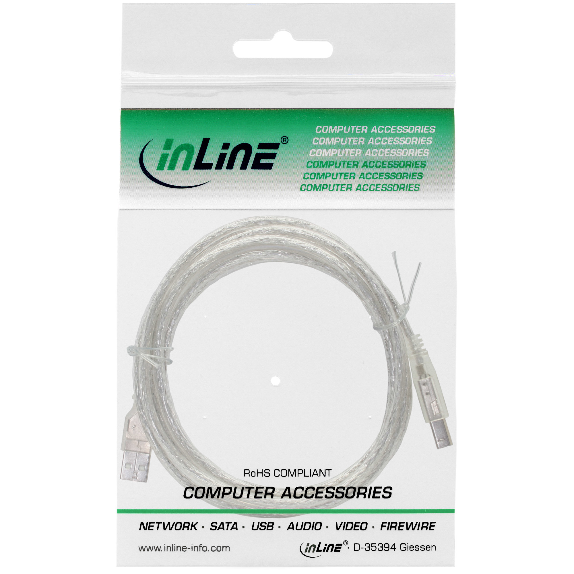 Câble USB dans un emballage plastique transparent. Texte : Accessoires informatiques.
