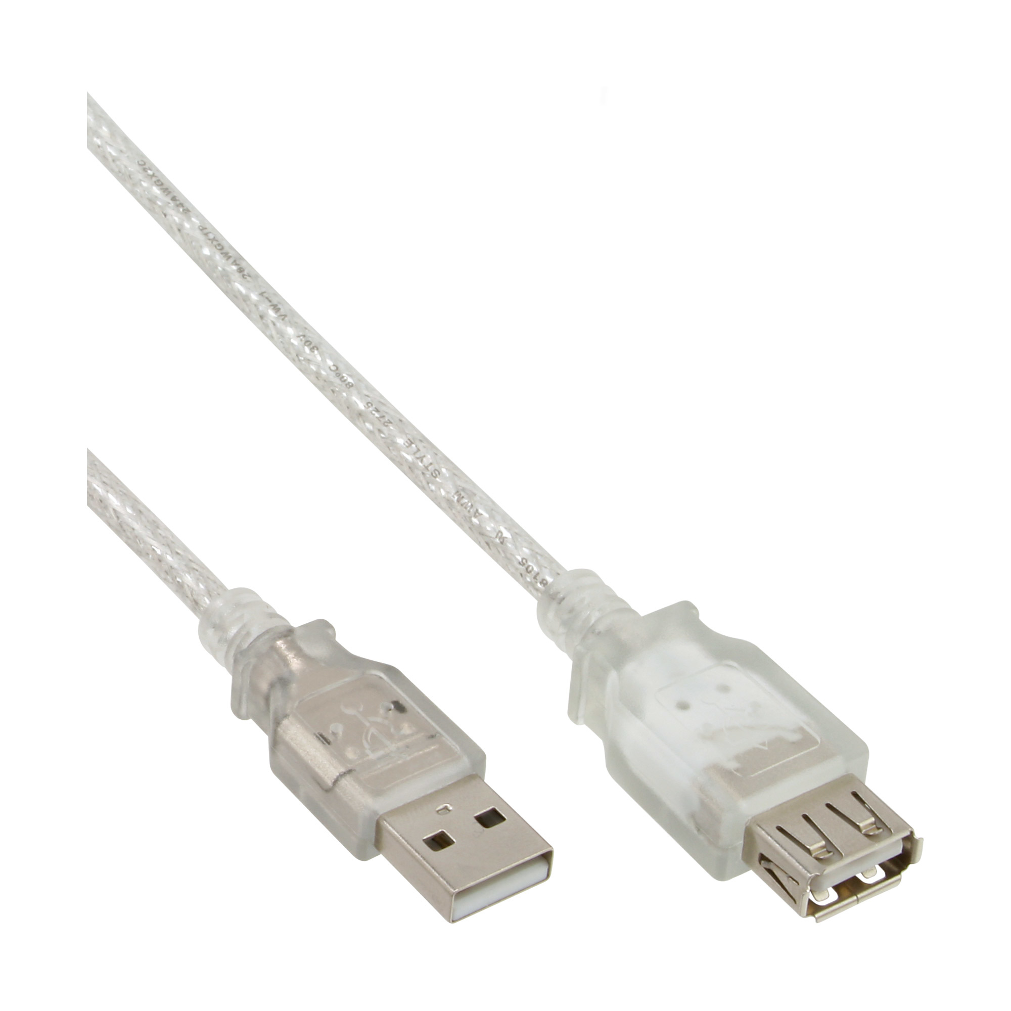 Cavo USB trasparente con connettori su sfondo bianco.