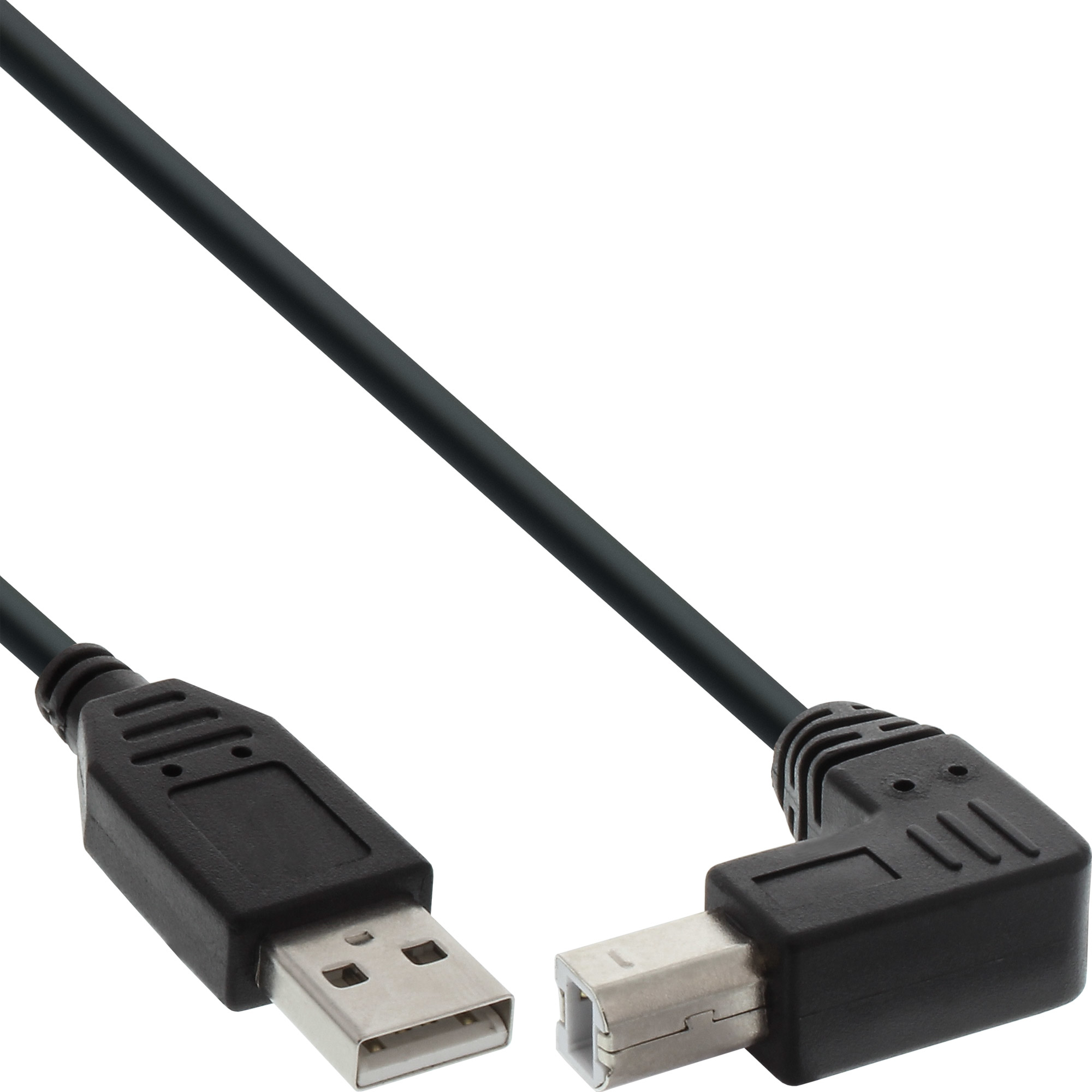 Cavo USB nero con connettori USB-A e USB-B. Connettore USB-B angolato a destra.