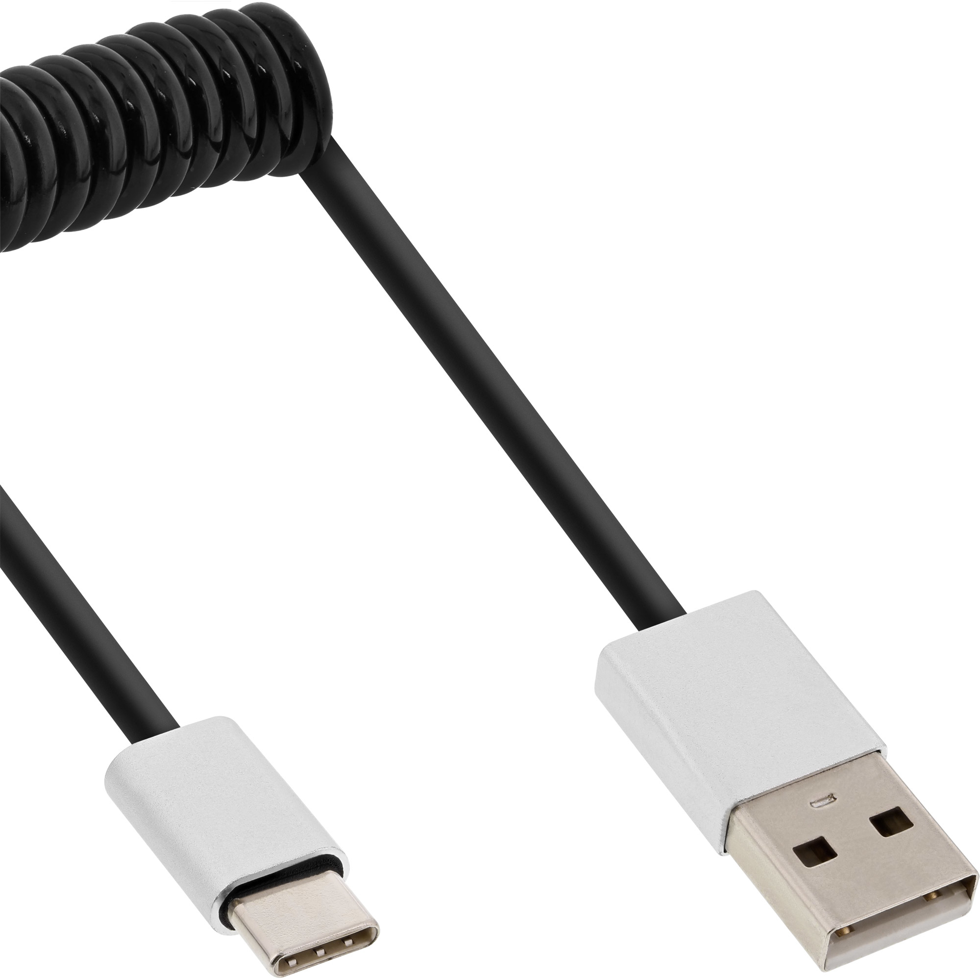 Een zwarte kabel met een USB- en een USB-C-connector. Het is een spiraalkabel.