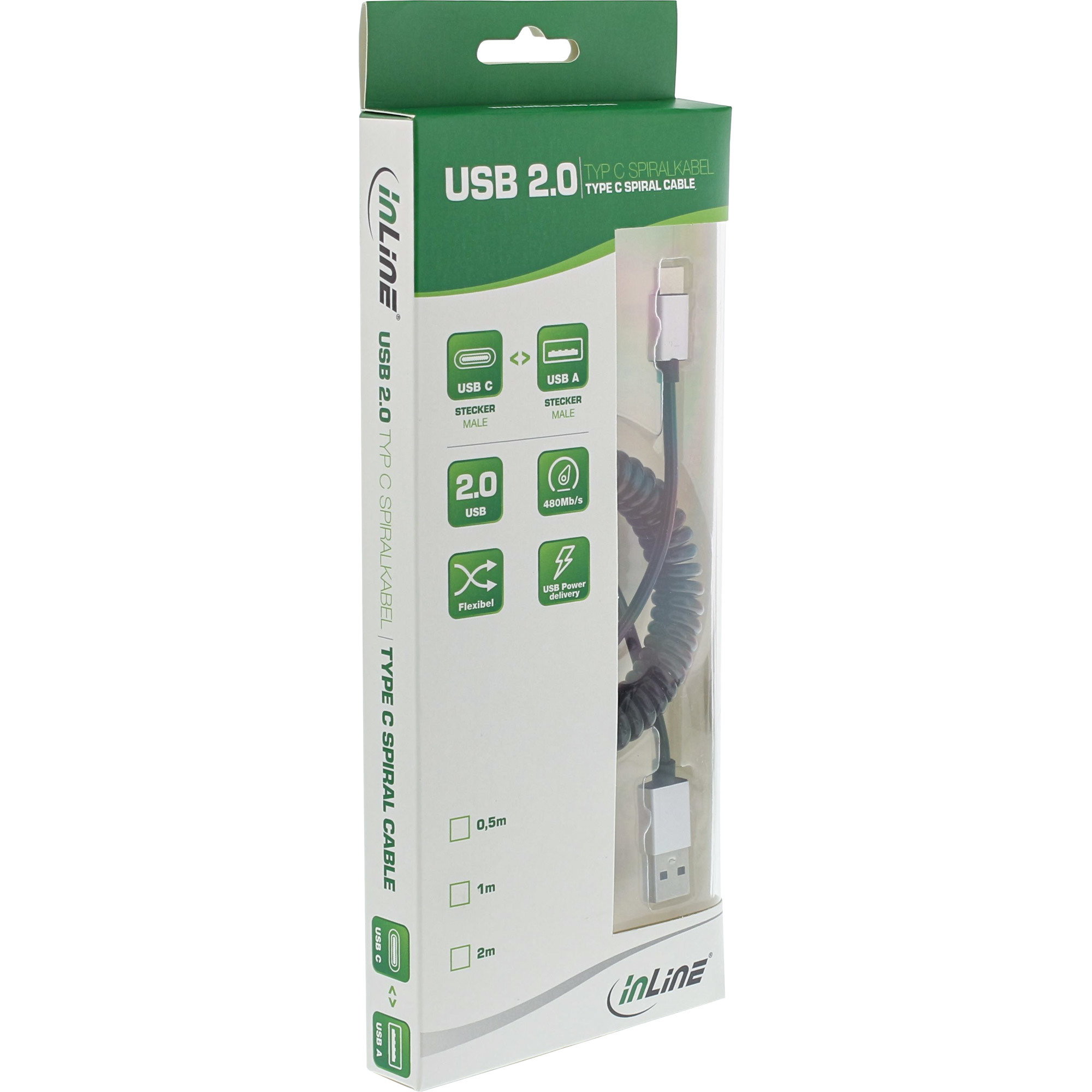 Een USB 2.0 Type C spiraalkabel in een retailverpakking. De kabel is zwart en flexibel.