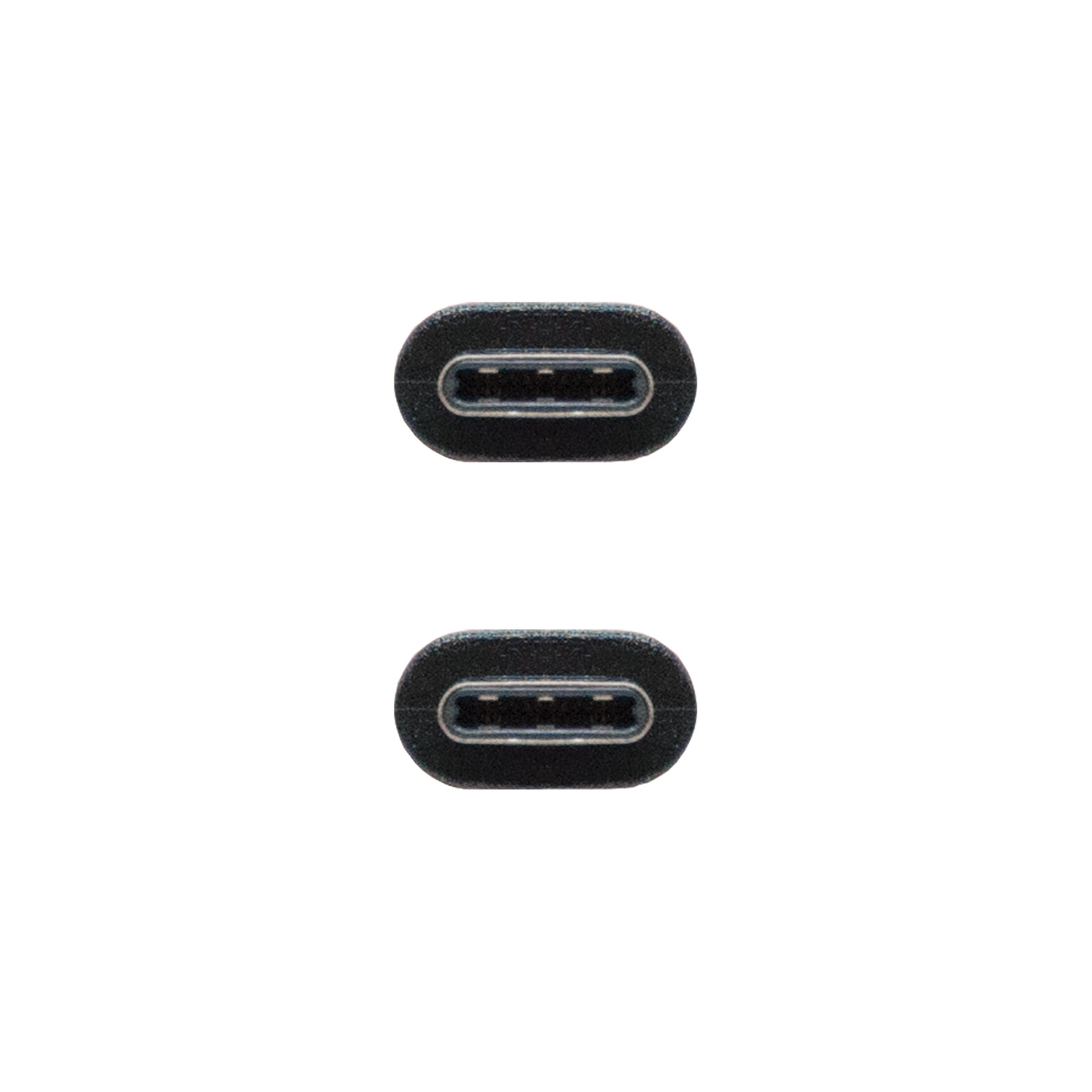 Zwei schwarze USB-C-Anschlüsse auf weißem Hintergrund, von vorne gesehen.