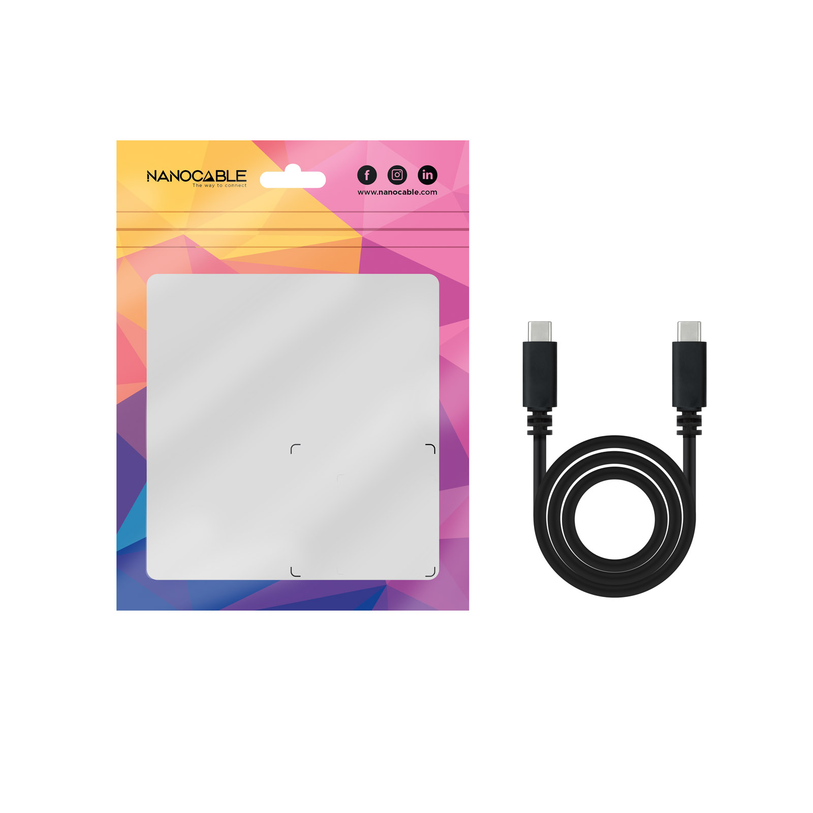 Ein Kabel und eine Verpackung mit Firmenlogo und Website.