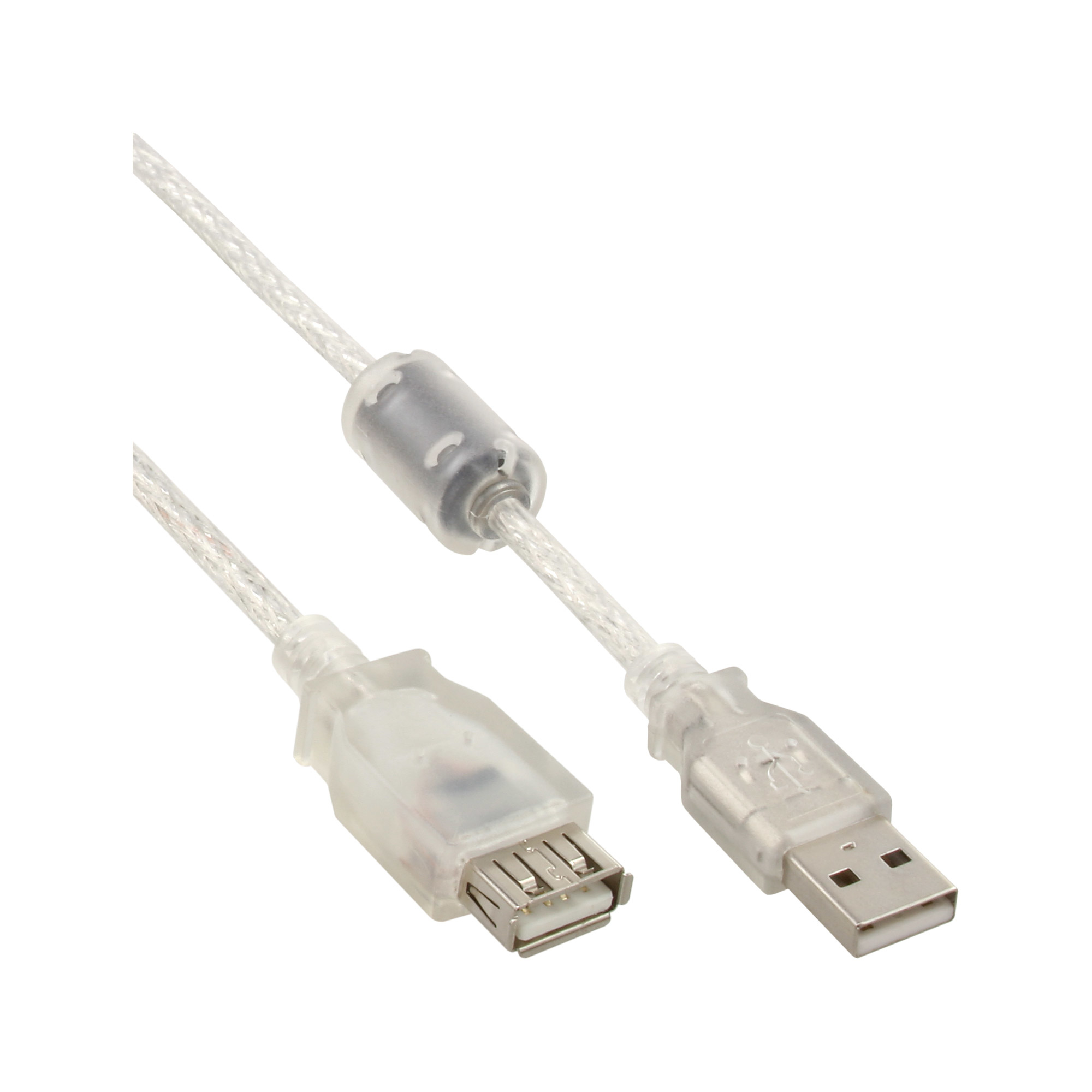 Cavo USB bianco. Due estremità visibili: USB-A e USB-B. Alloggiamenti connettori trasparenti. Bianco.