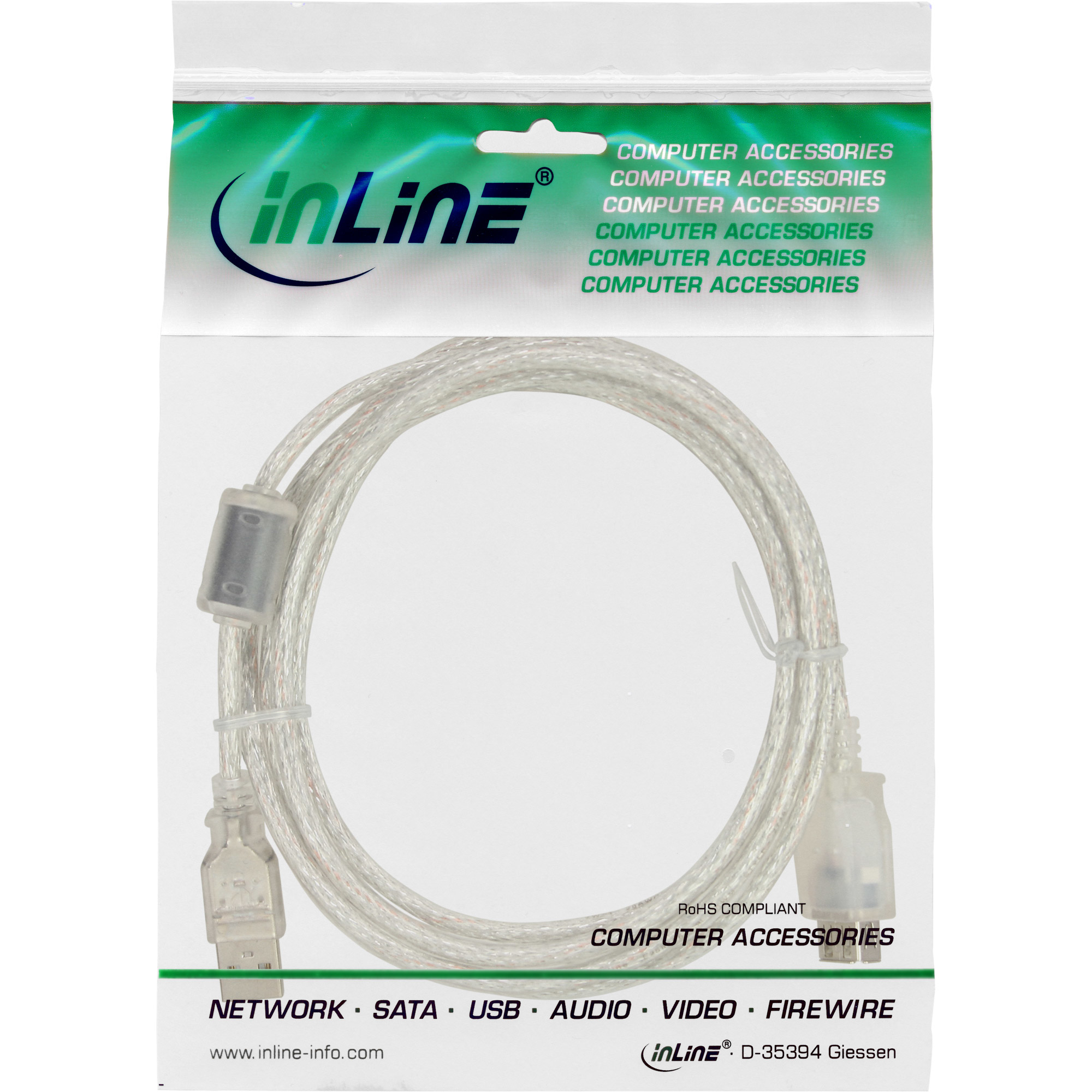 Un cavo USB trasparente in un sacchetto di plastica. Testo sulla busta: Accessori per computer.