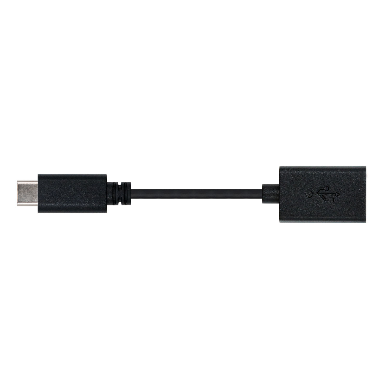 Ein schwarzes USB-C-zu-USB-A-Adapterkabel. Das Kabel ist kurz und die Anschlüsse sind schwarz.