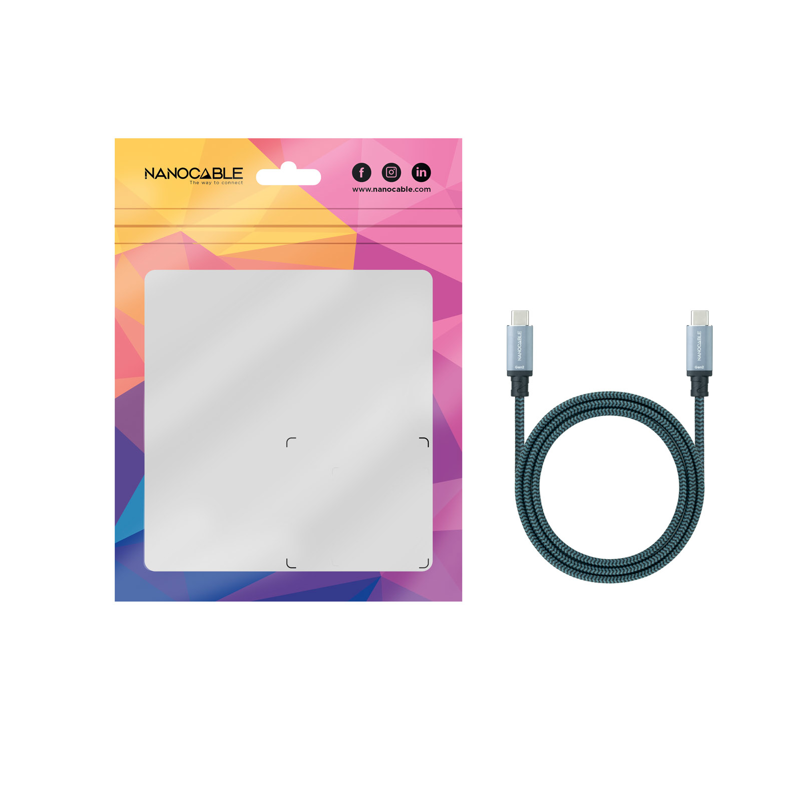 Kabel USB-C w plastikowej torbie. Torba ma nazwę marki i ikony mediów społecznościowych.