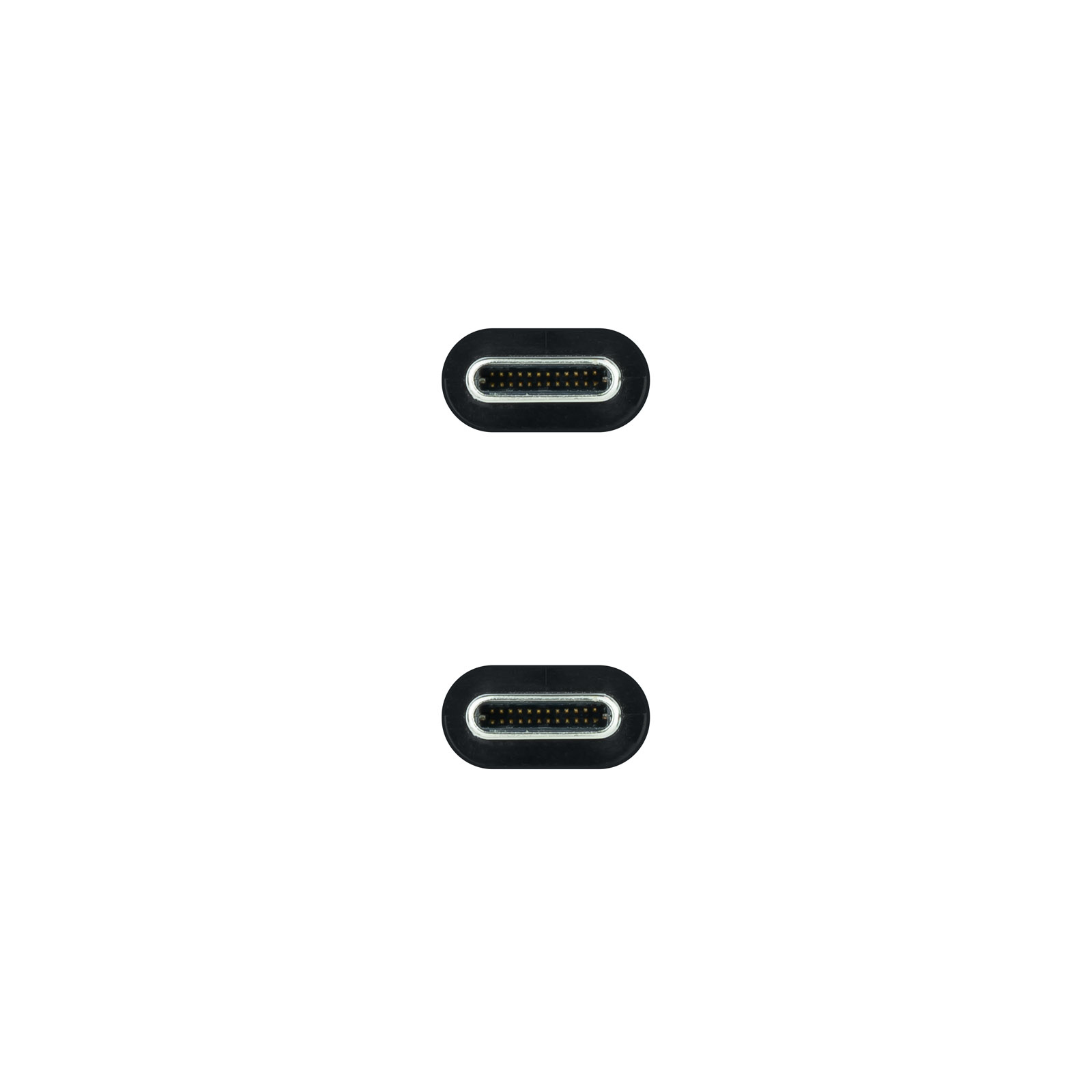 Twee USB-C-connectoren. Beide zijn zwart met zilveren pinnen binnenin.