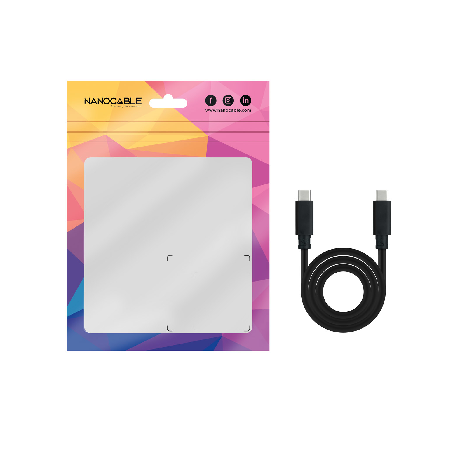 Zwarte USB-C-kabel en een verpakking. De verpakking is wit en roze. De kabel is zwart.