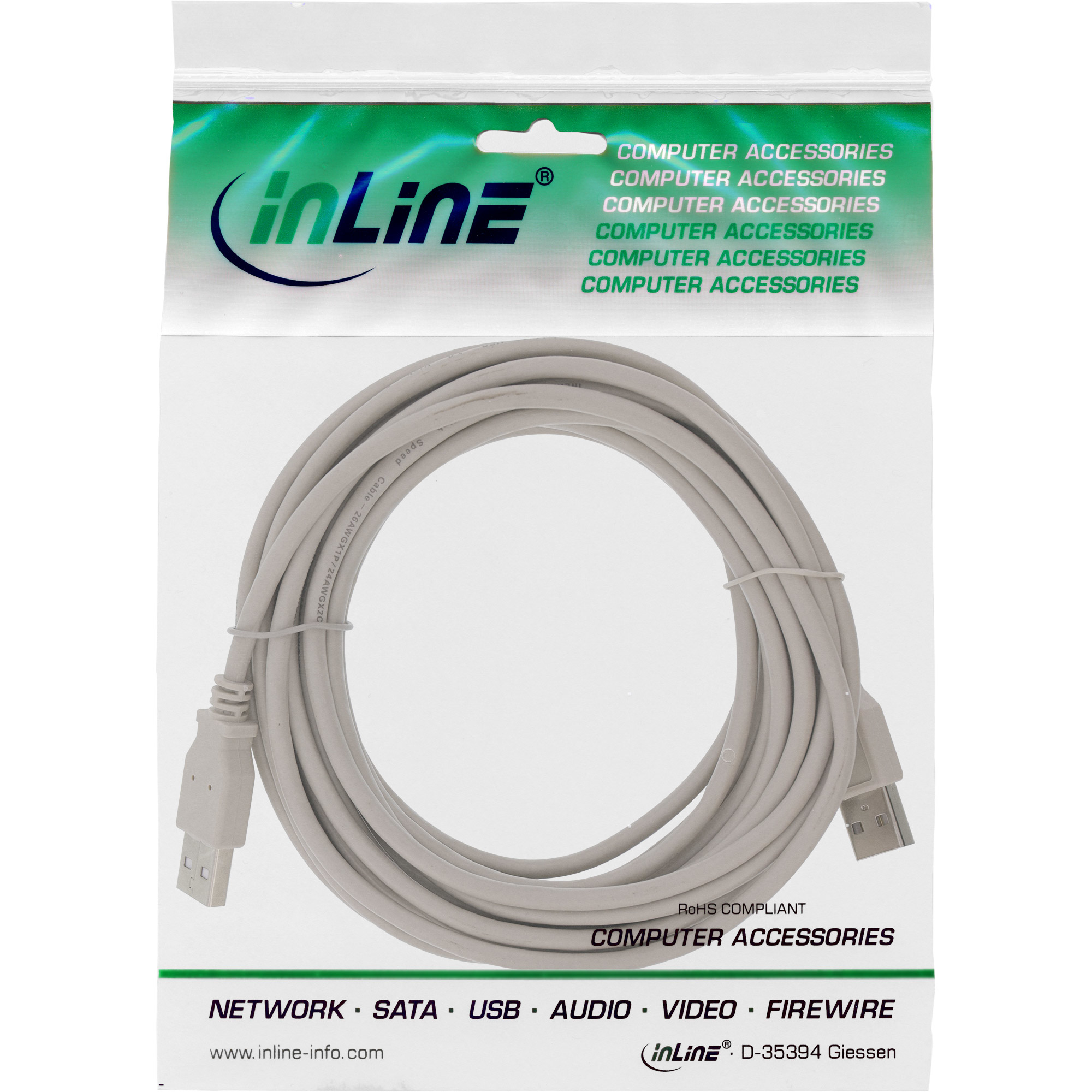 Cavo USB in confezione trasparente con logo 'inLine' e scritta 'Accessori per computer'.
