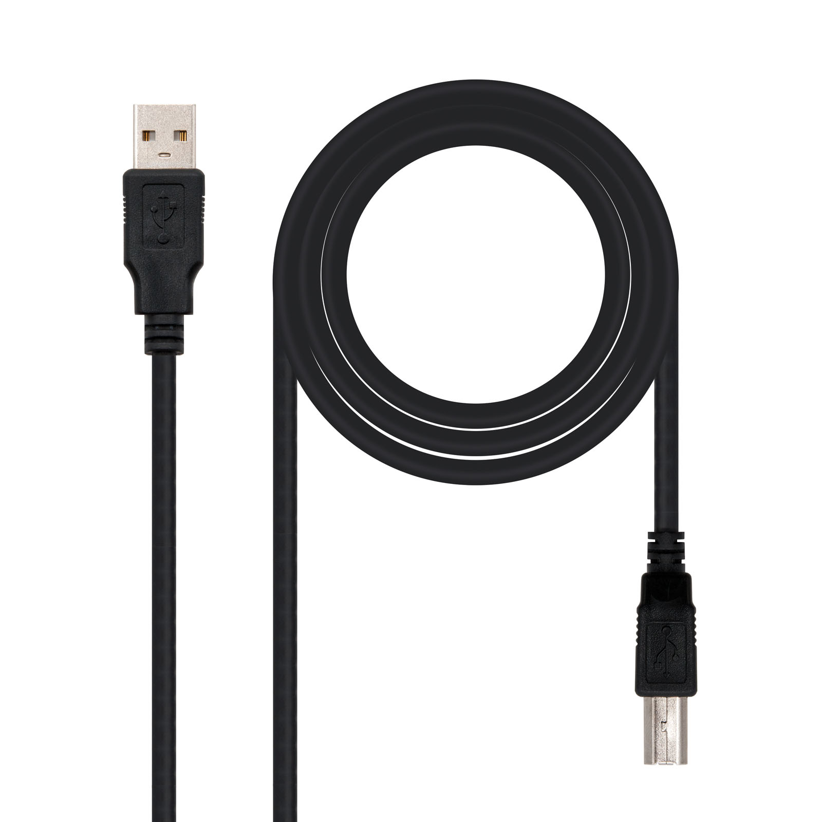 Un cavo USB nero, con connettori USB-A e USB-B, a forma circolare su sfondo bianco.