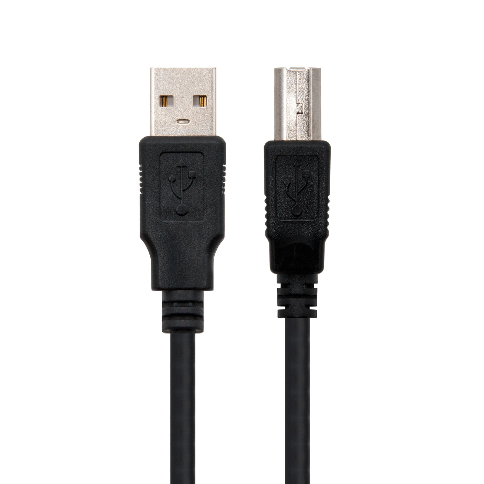 Un cavo USB nero con connettori su entrambe le estremità.