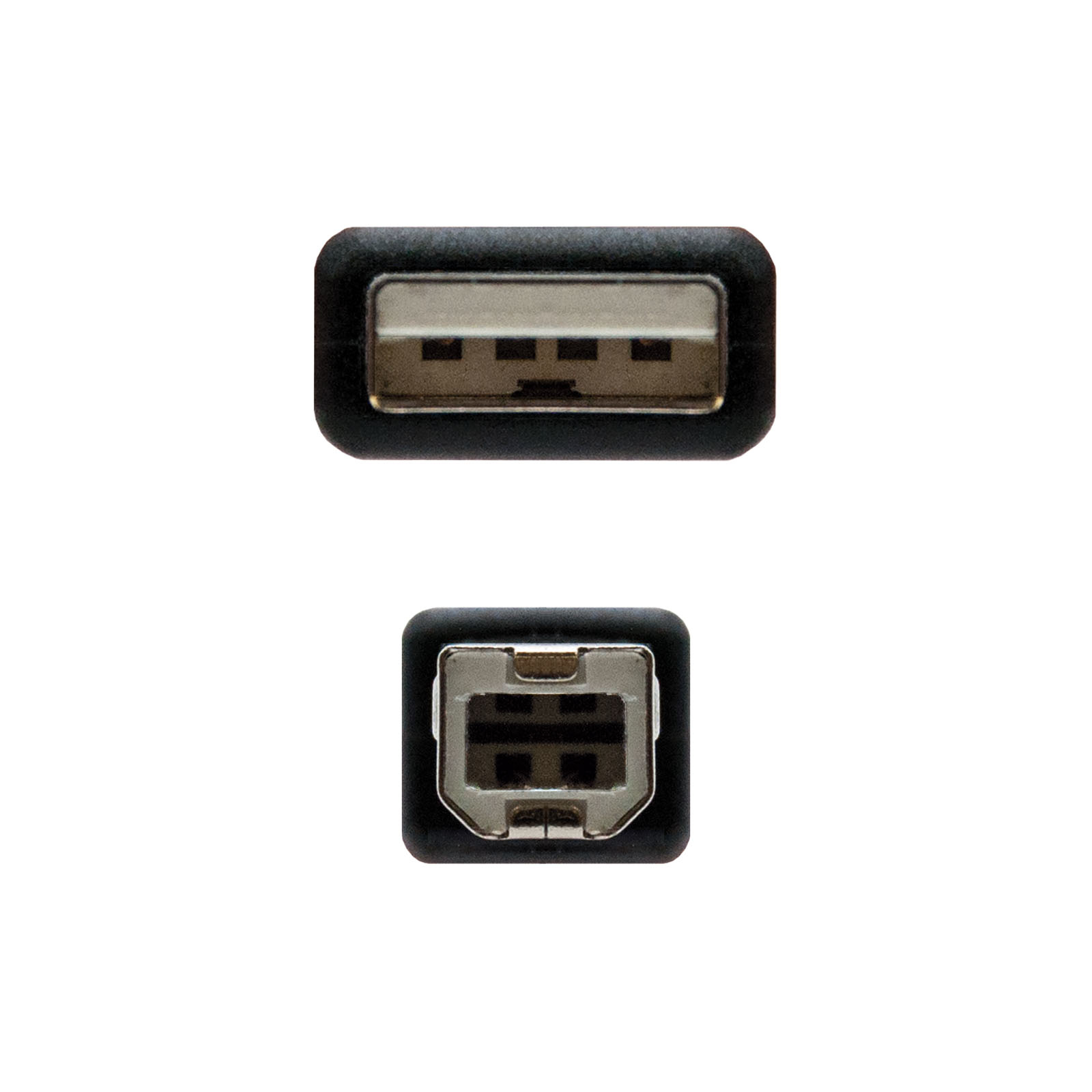 Due viste ravvicinate di un connettore USB nero, profilo superiore e laterale, su sfondo bianco.