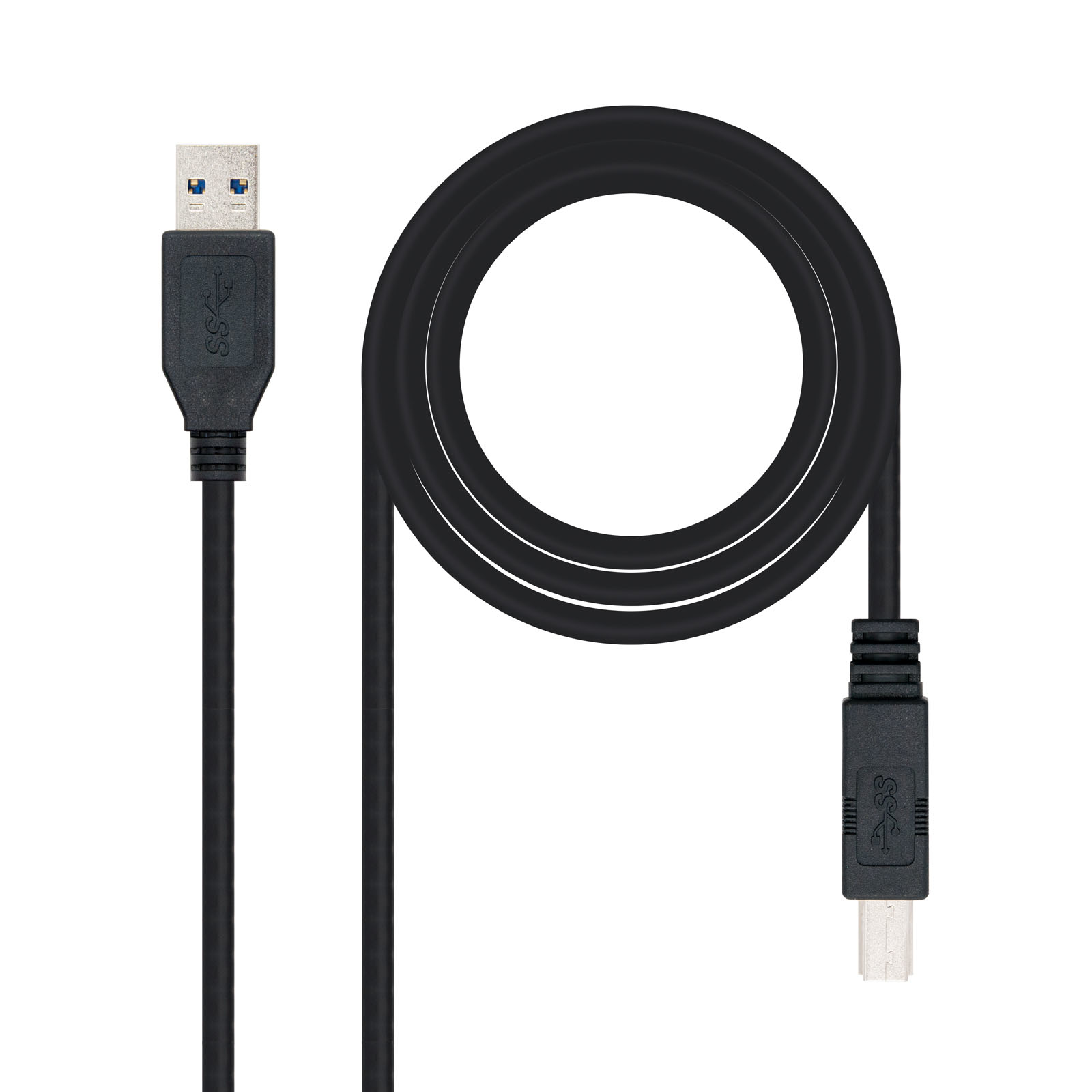 Zwarte USB-kabel. Eén uiteinde is de standaard USB, de andere is een kleinere USB-C.