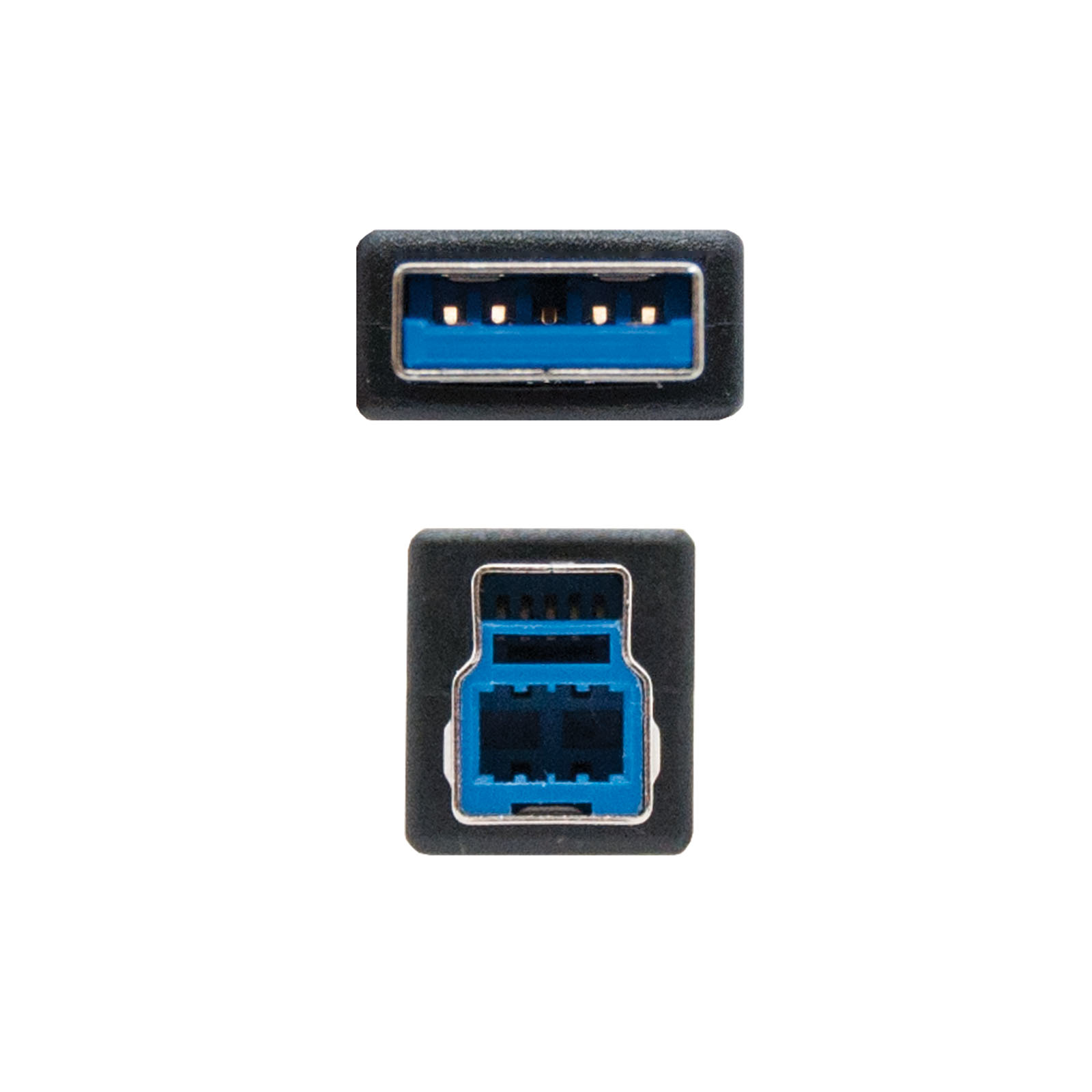 Een close-up van twee USB 3.0-connectoren, één mannelijk, één vrouwelijk, in zwart.