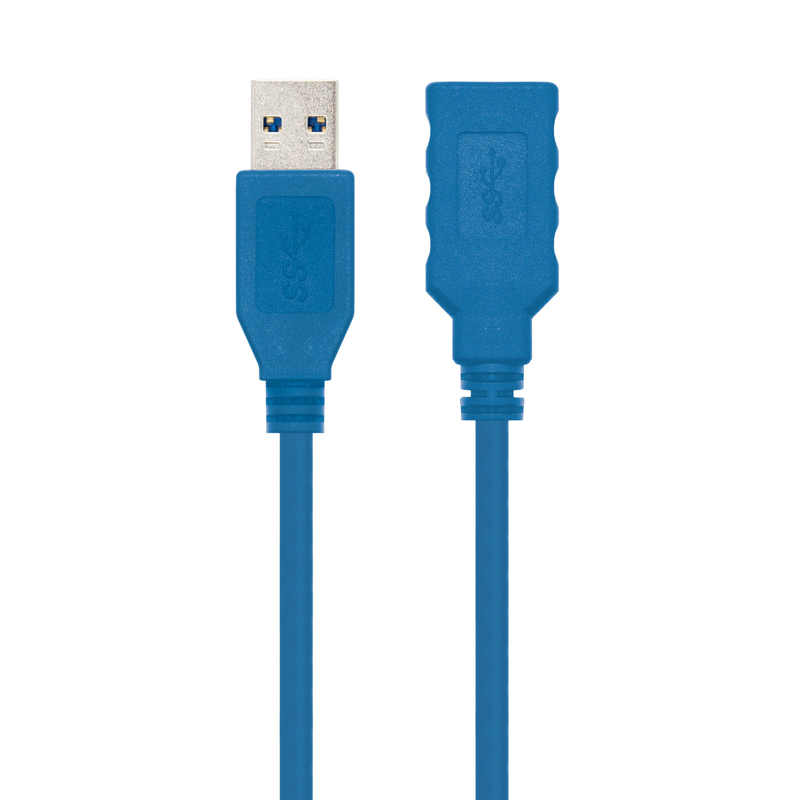Blauwe USB-kabel met USB- en USB-A-connectoren, witte achtergrond.