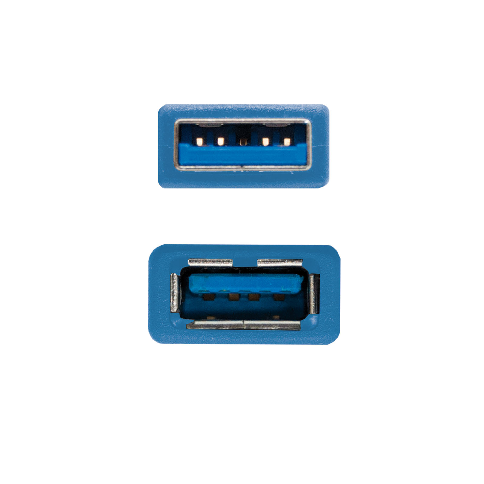 Twee aanzichten van een blauwe USB-connector. De afbeelding staat op een witte achtergrond.