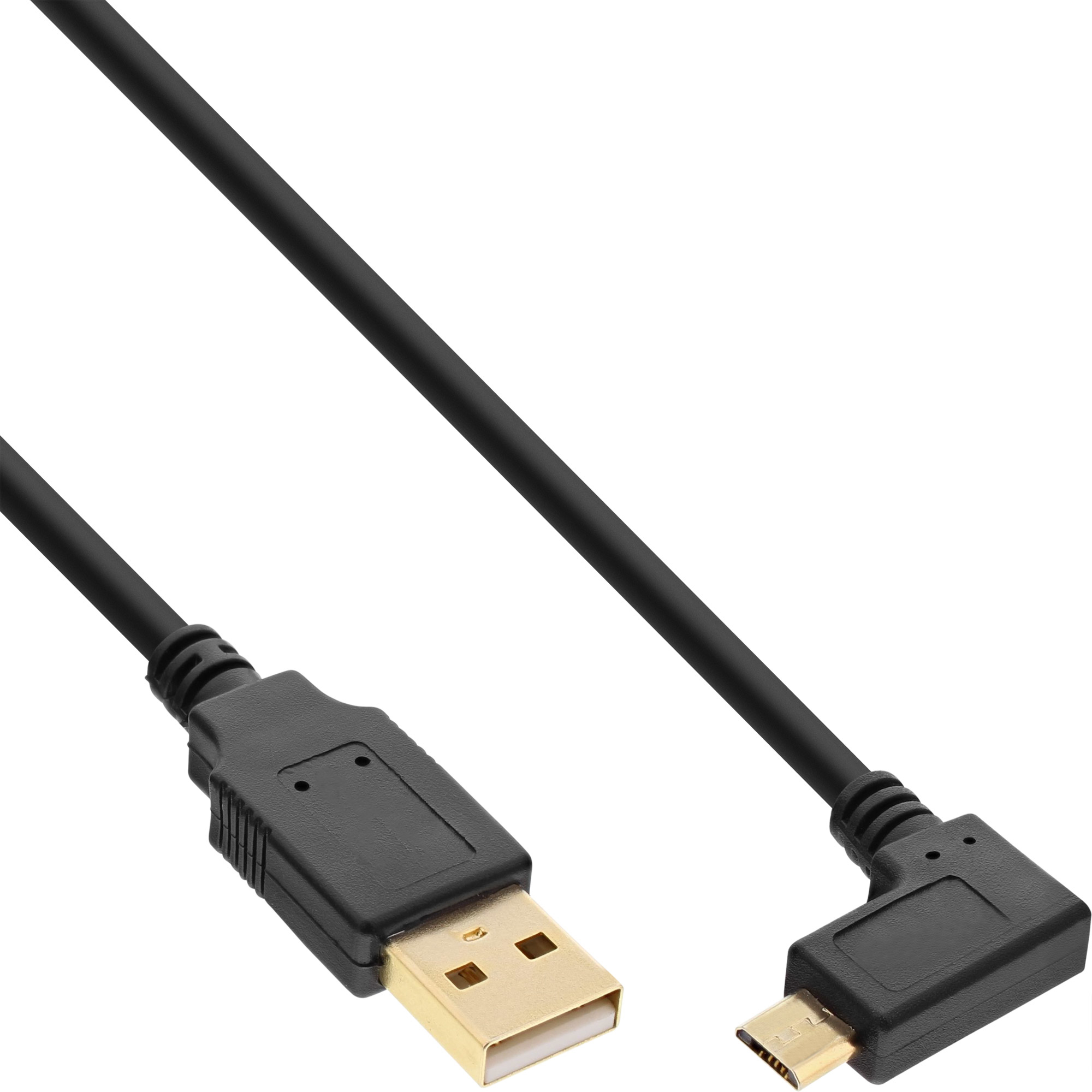 Un cavo da USB a micro-USB nero, con connettori ad ogni estremità, su una superficie bianca.
