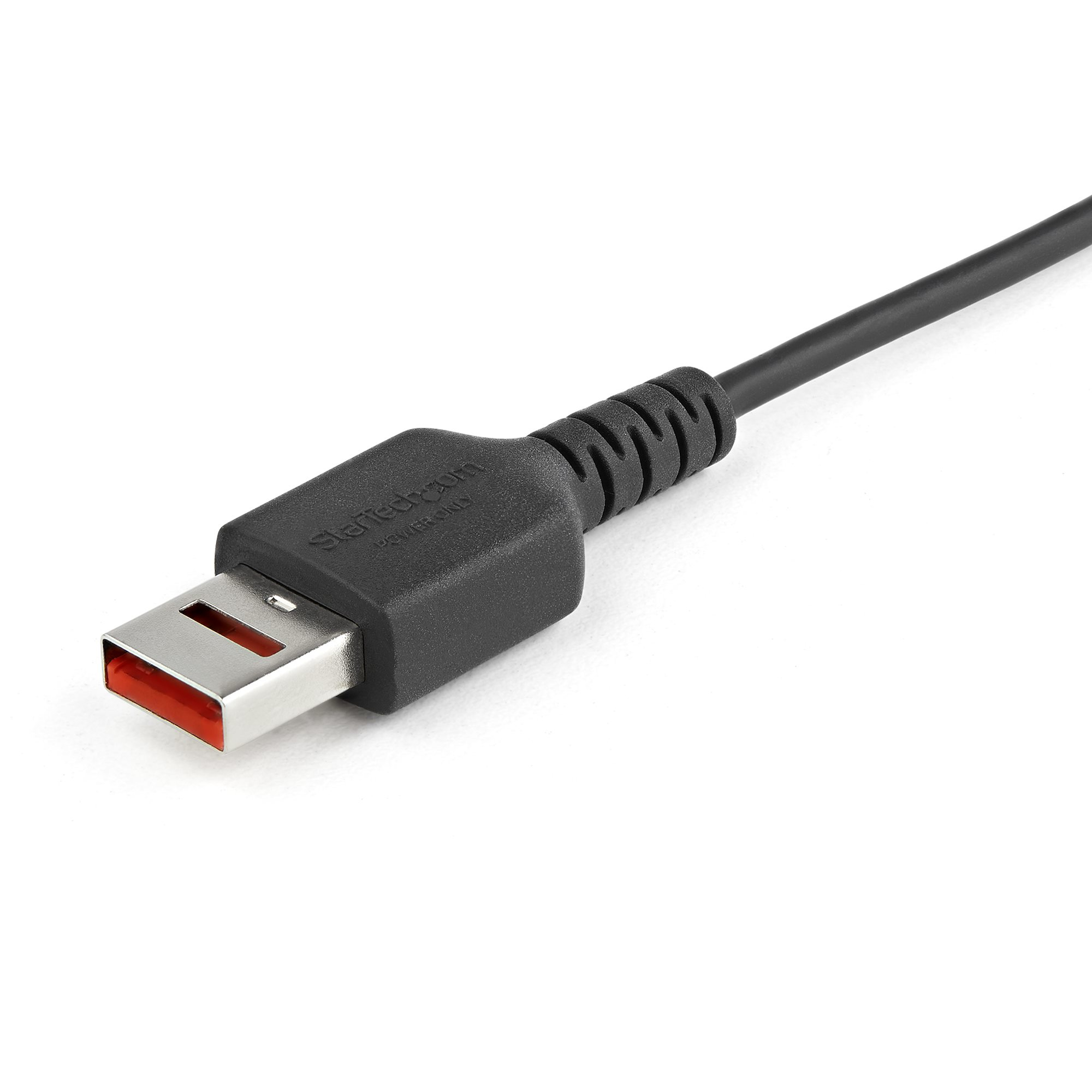 USB-C-connector met rode punt op een zwarte kabel.