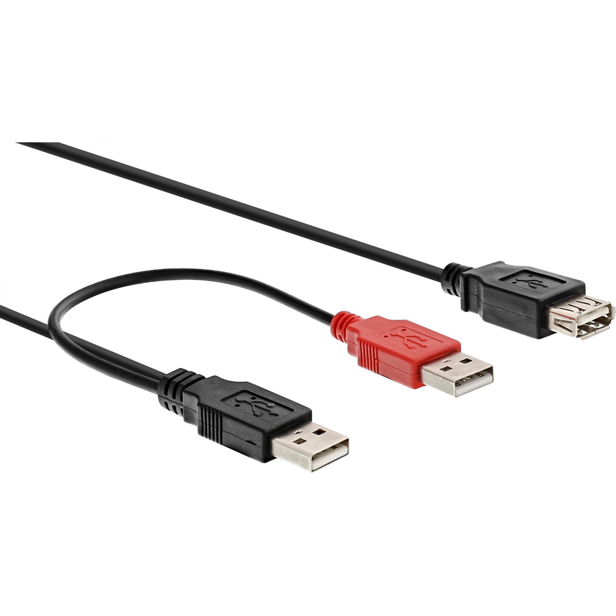 Drei USB-Kabel: zwei schwarz und eins rot, alle mit USB-Anschlüssen.