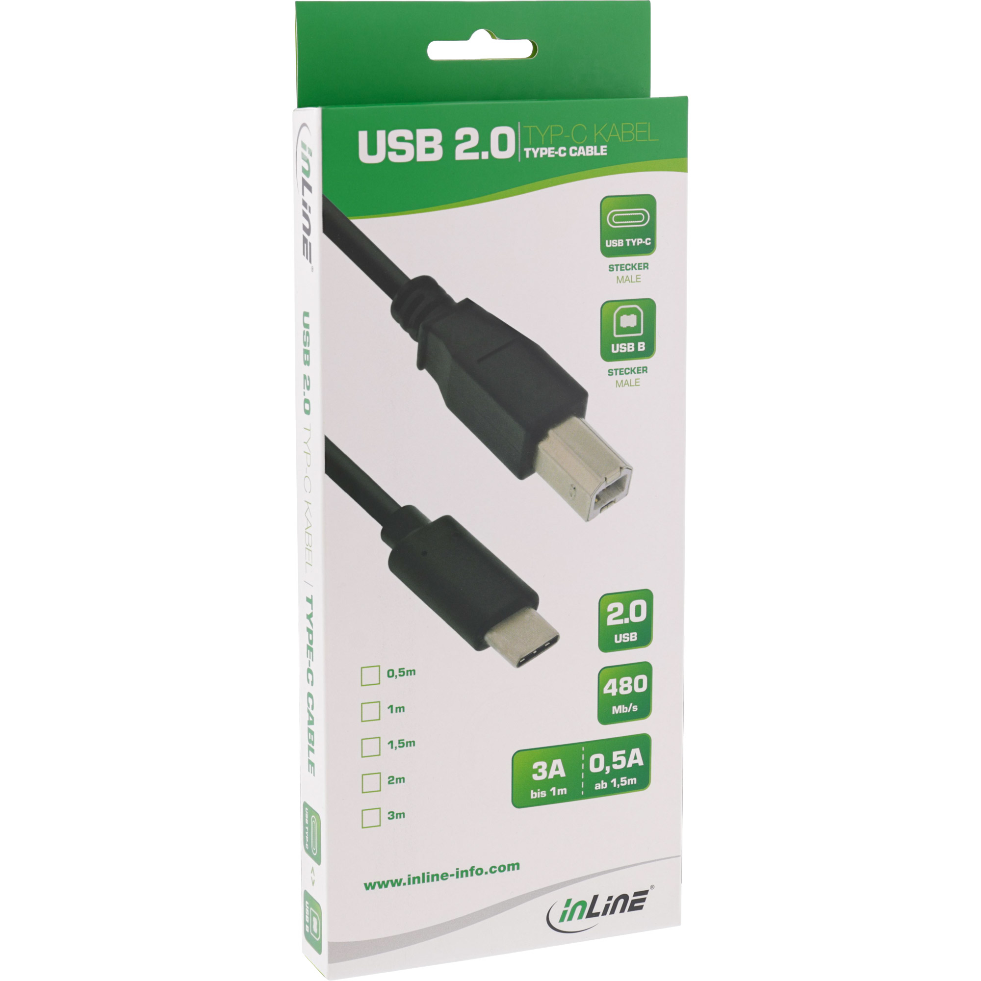 Opakowanie kabla USB 2.0 Type-C. Zawiera kabel, złącza i specyfikacje dotyczące prędkości.