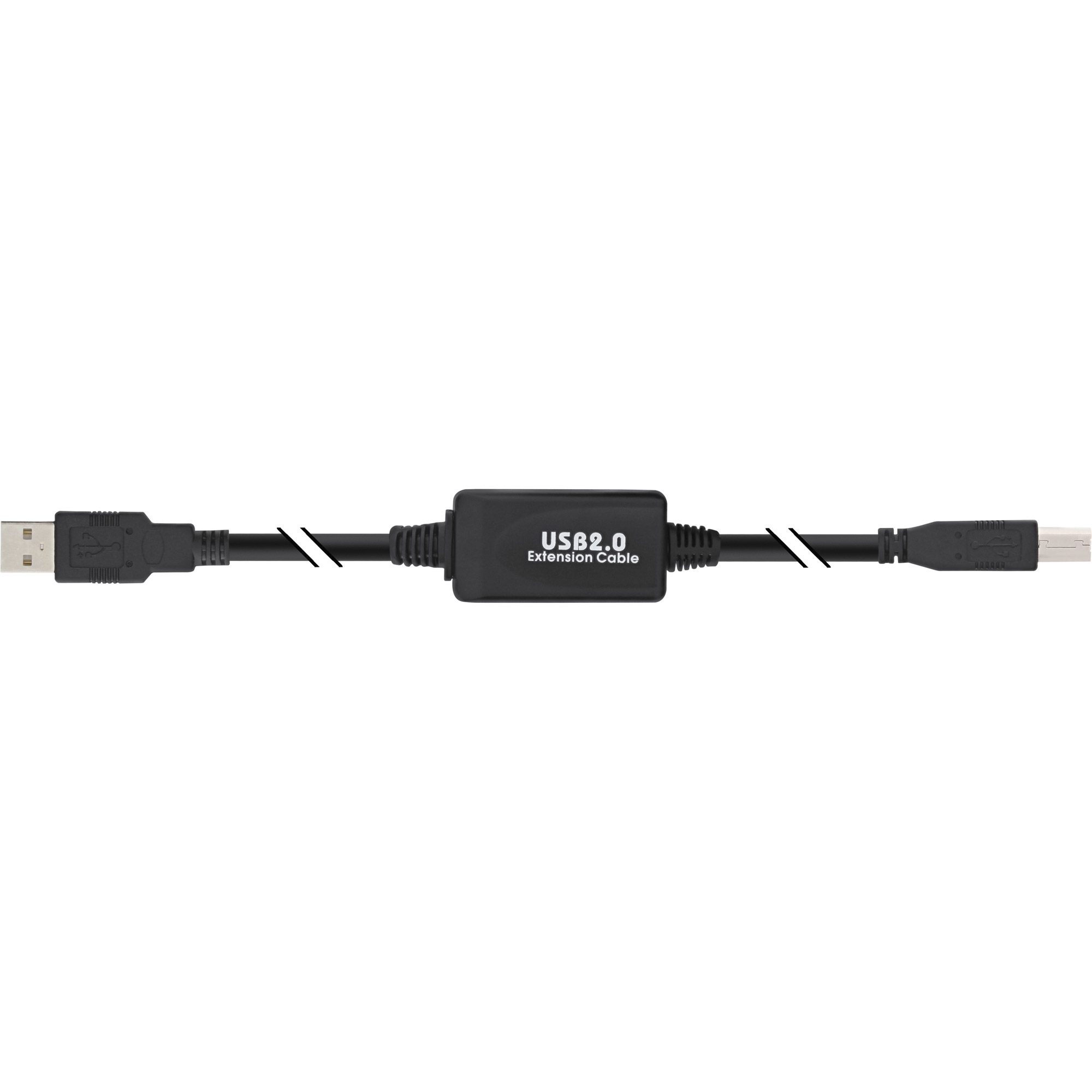 Schwarzes USB 2.0 Verlängerungskabel mit schwarzem Mittelteil und weißen Streifen.