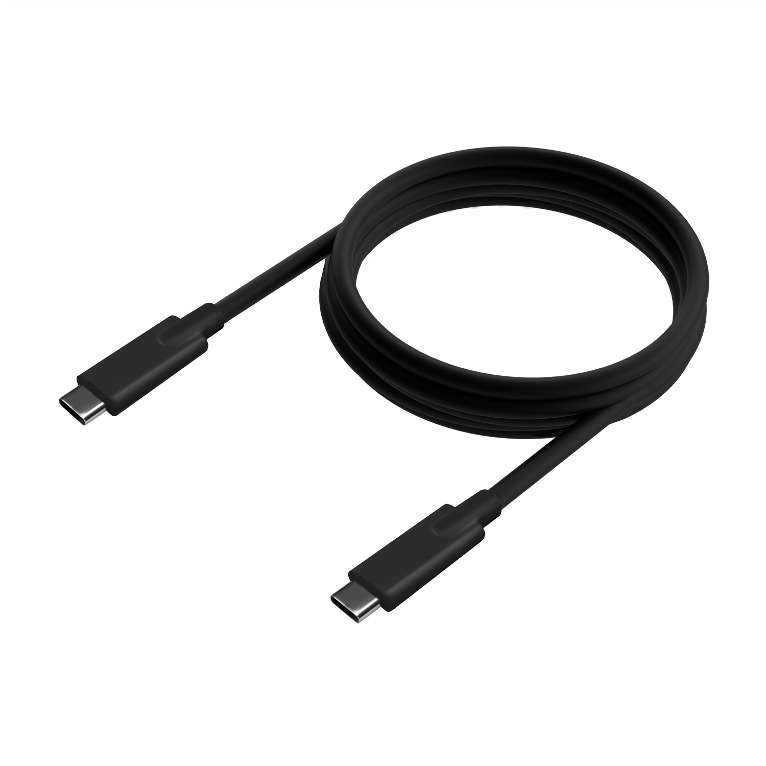 Zwarte USB-C-kabel met connectoren aan beide uiteinden, opgerold op witte achtergrond.