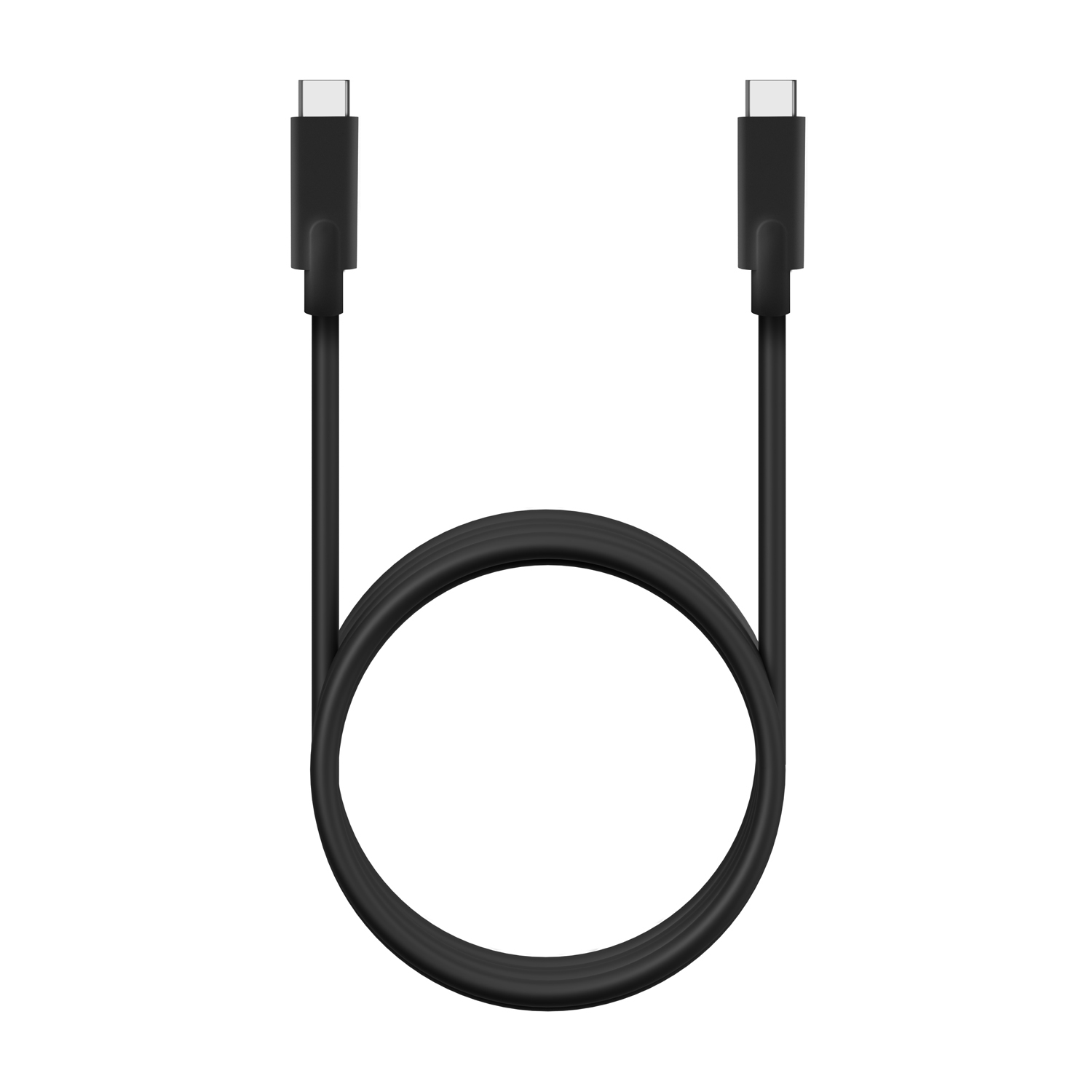 Zwarte USB-C-kabel met twee USB-C-connectoren, op witte achtergrond.