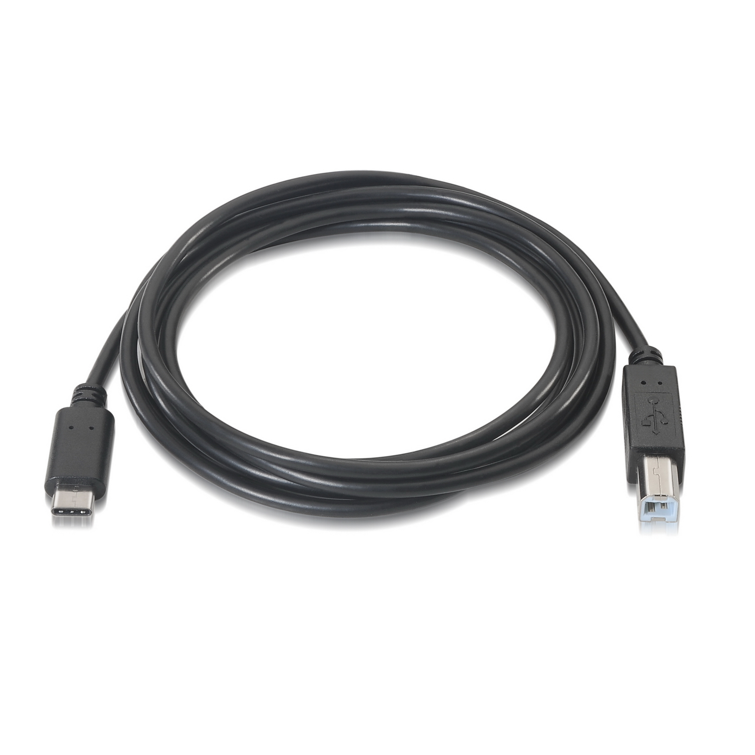Un cable USB negro con un conector USB-C en un extremo y un USB-A en el otro, sobre un fondo blanco.