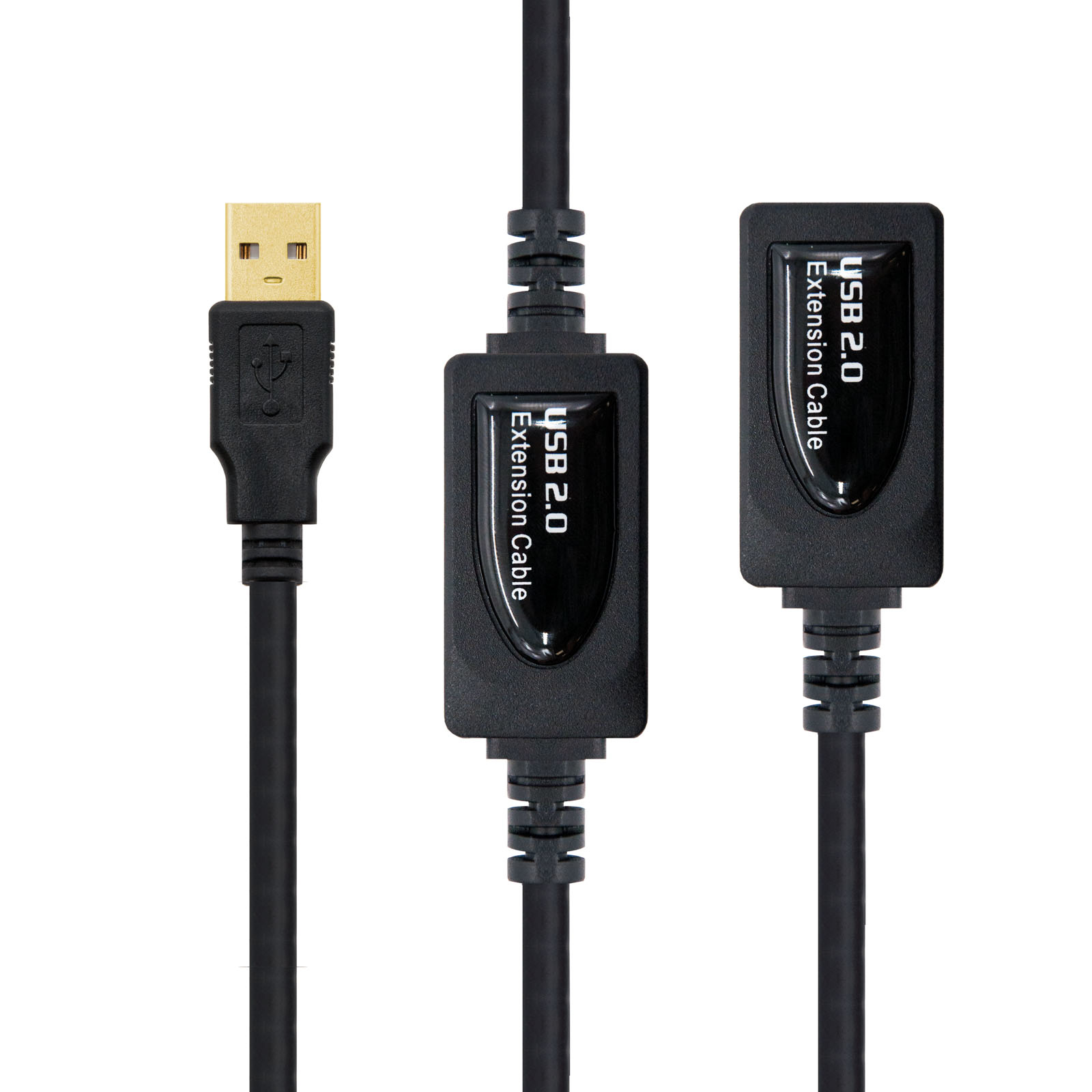 Drei schwarze USB-Verlängerungskabel werden vor weißem Hintergrund gezeigt. Zwei haben USB 2.0-Etiketten.