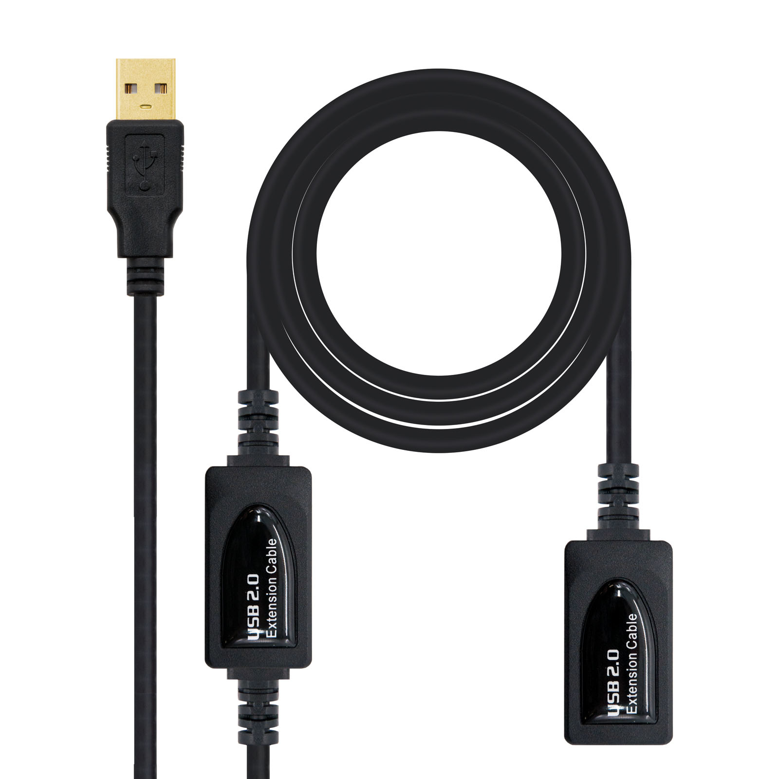 Schwarzes USB 2.0 Verlängerungskabel. Jedes Ende hat einen schwarzen Stecker mit 'USB 2.0 Verlängerungskabel'.