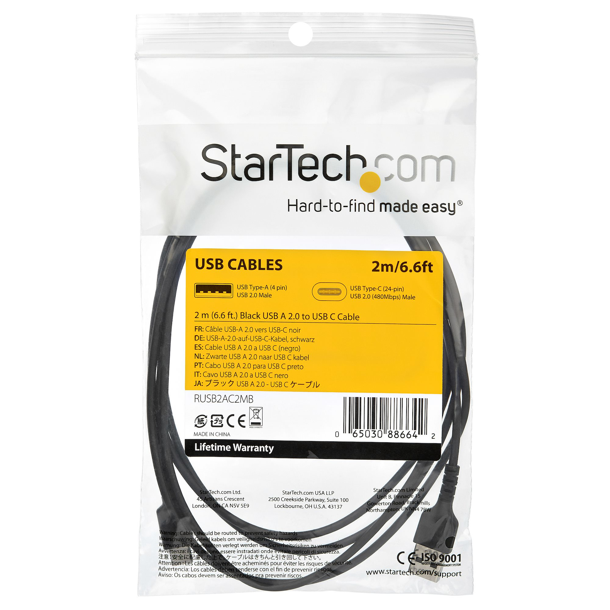 Confezione cavo USB StarTech.com. Cavo nero e info prodotto sul fronte.