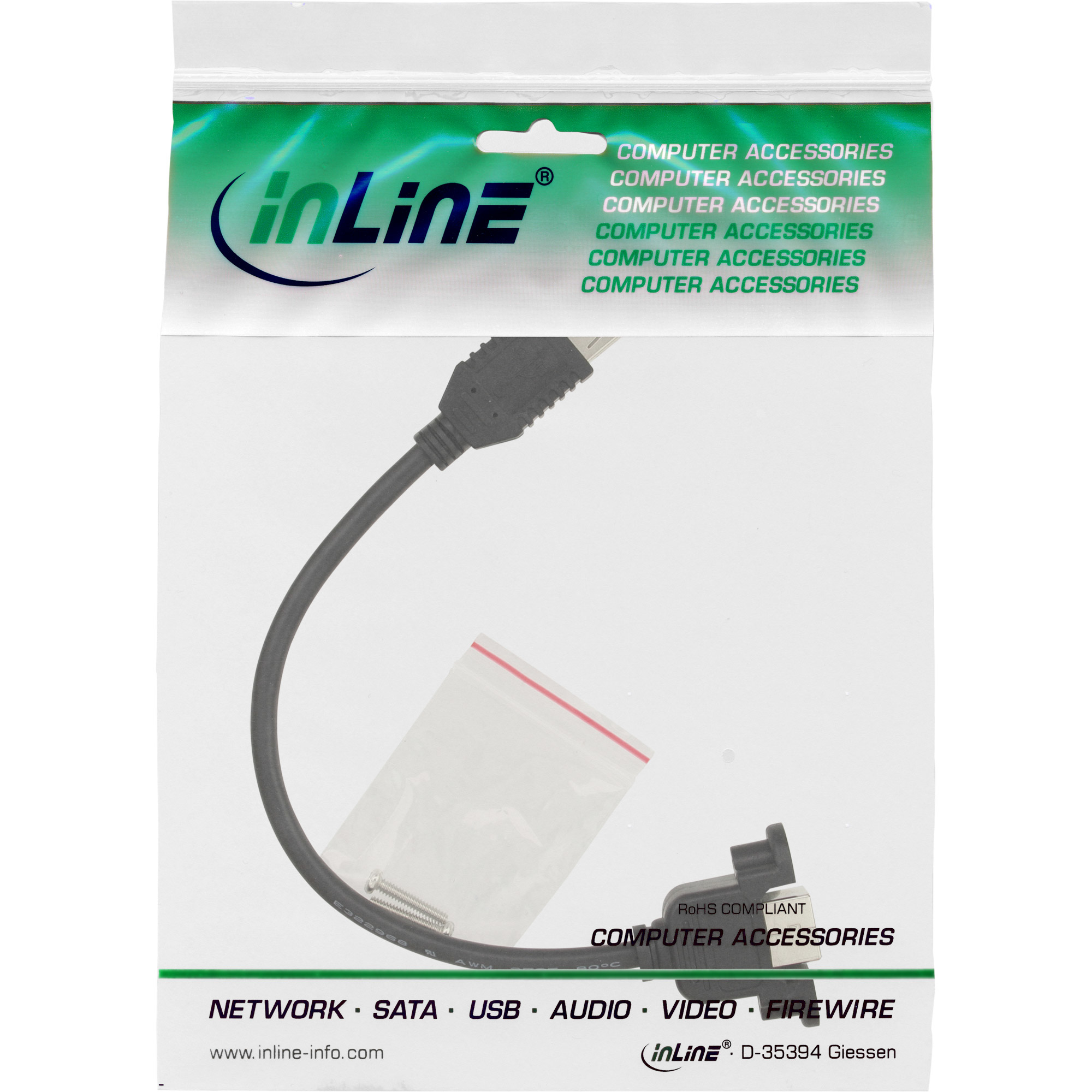 Ein schwarzes Kabel mit einem USB- und einem USB-C-Anschluss in einer Plastiktüte. Text: Computerzubehör.