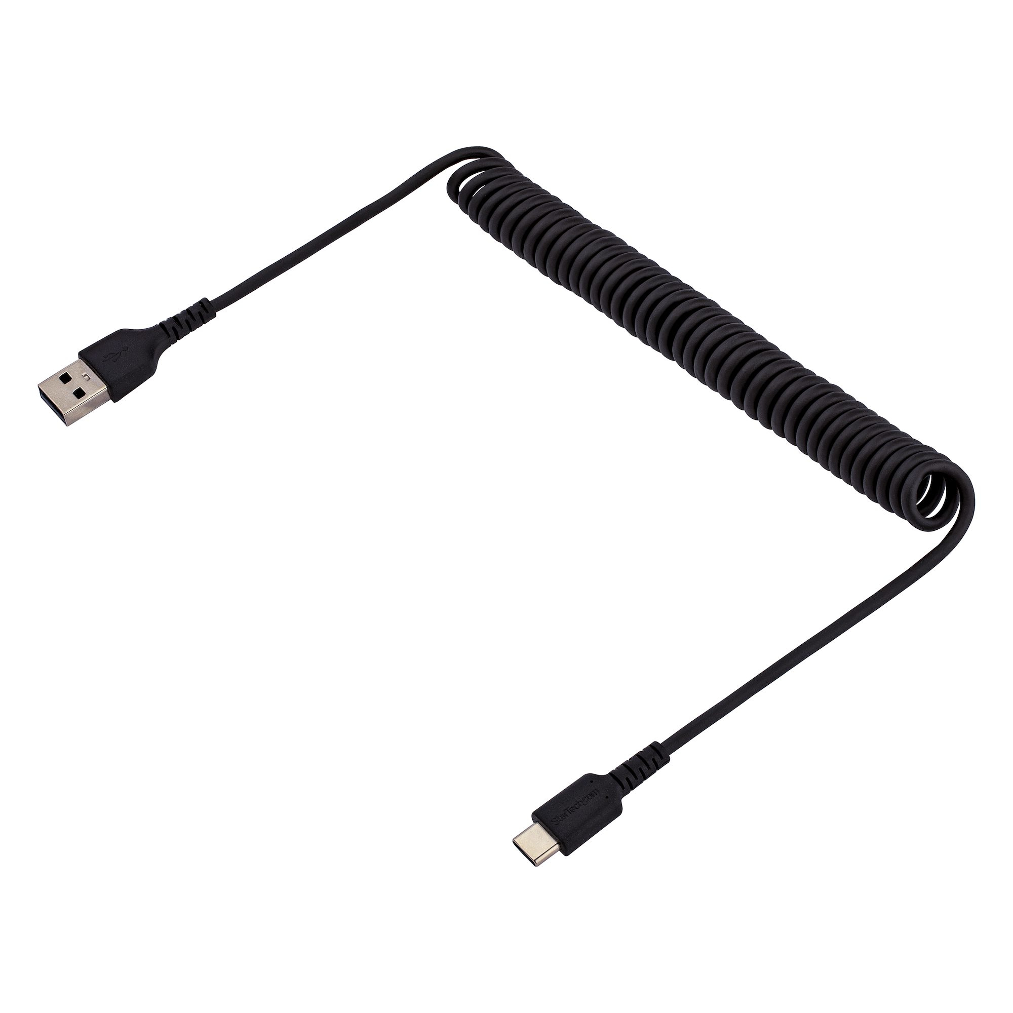 Un cable negro en espiral USB-A a USB-C.