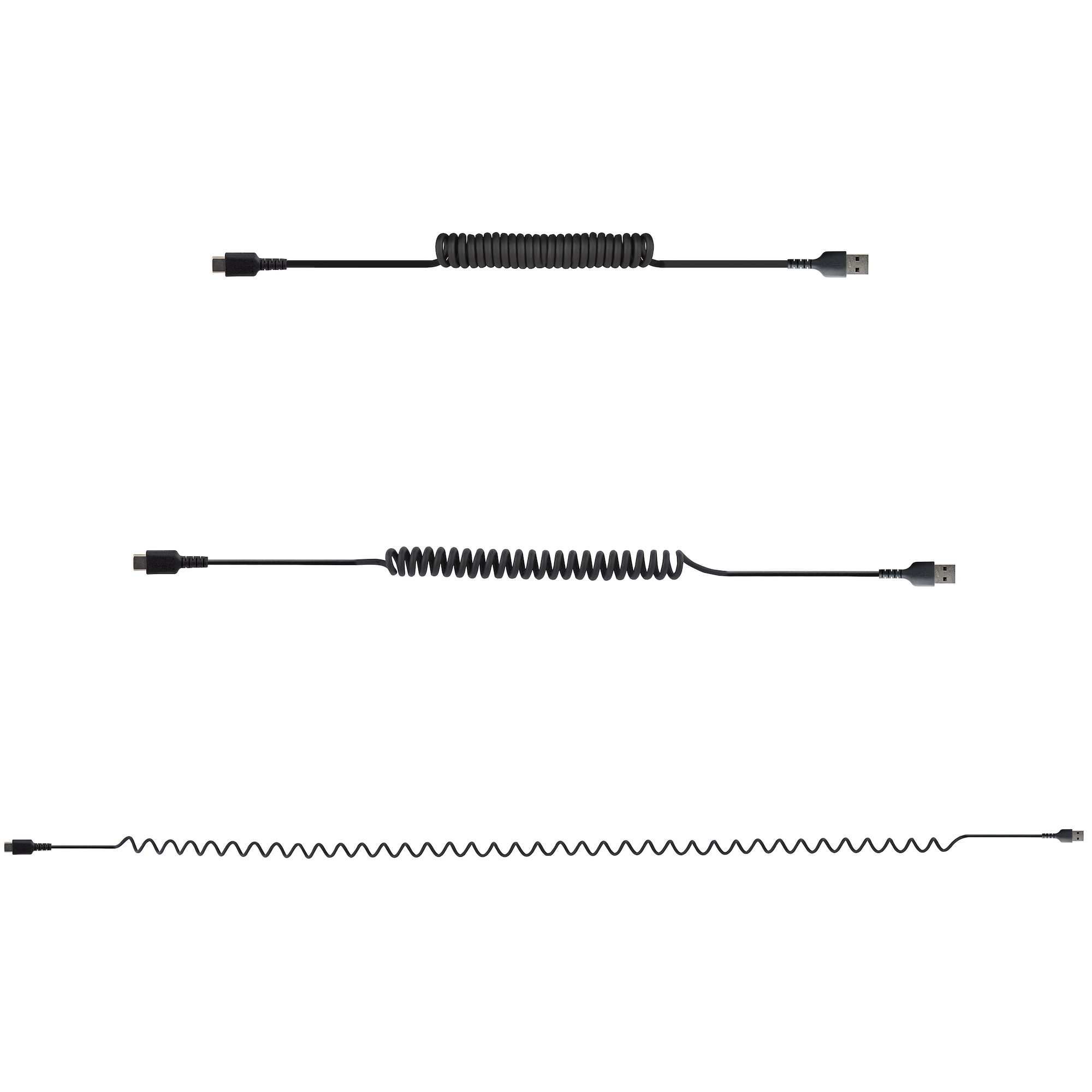 Tres cables en espiral negros en fila, cada uno con diferentes patrones de espiral.