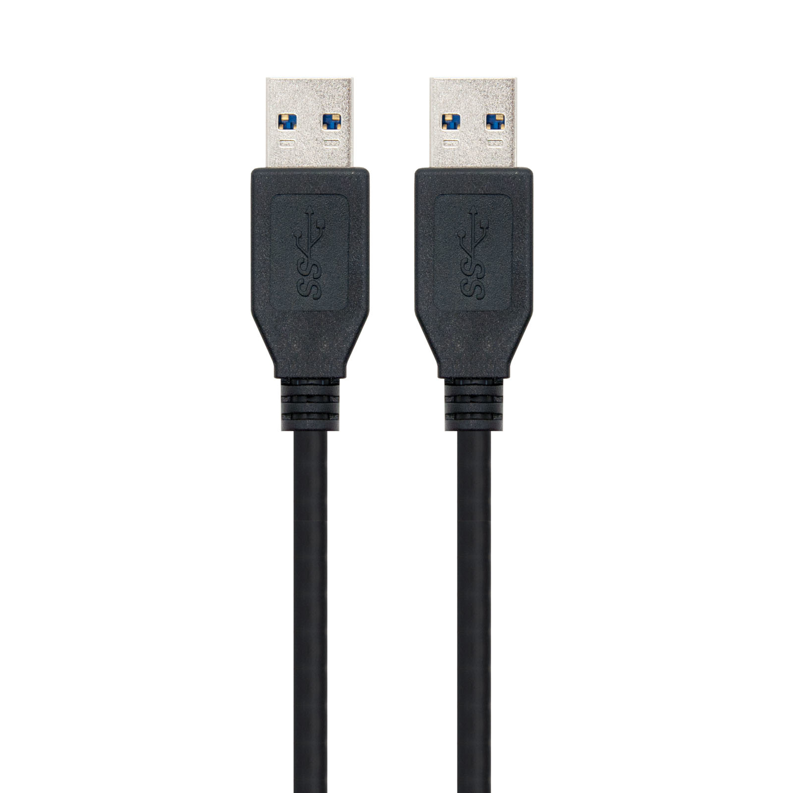 Twee zwarte USB-kabels naast elkaar, met USB-connectoren boven.