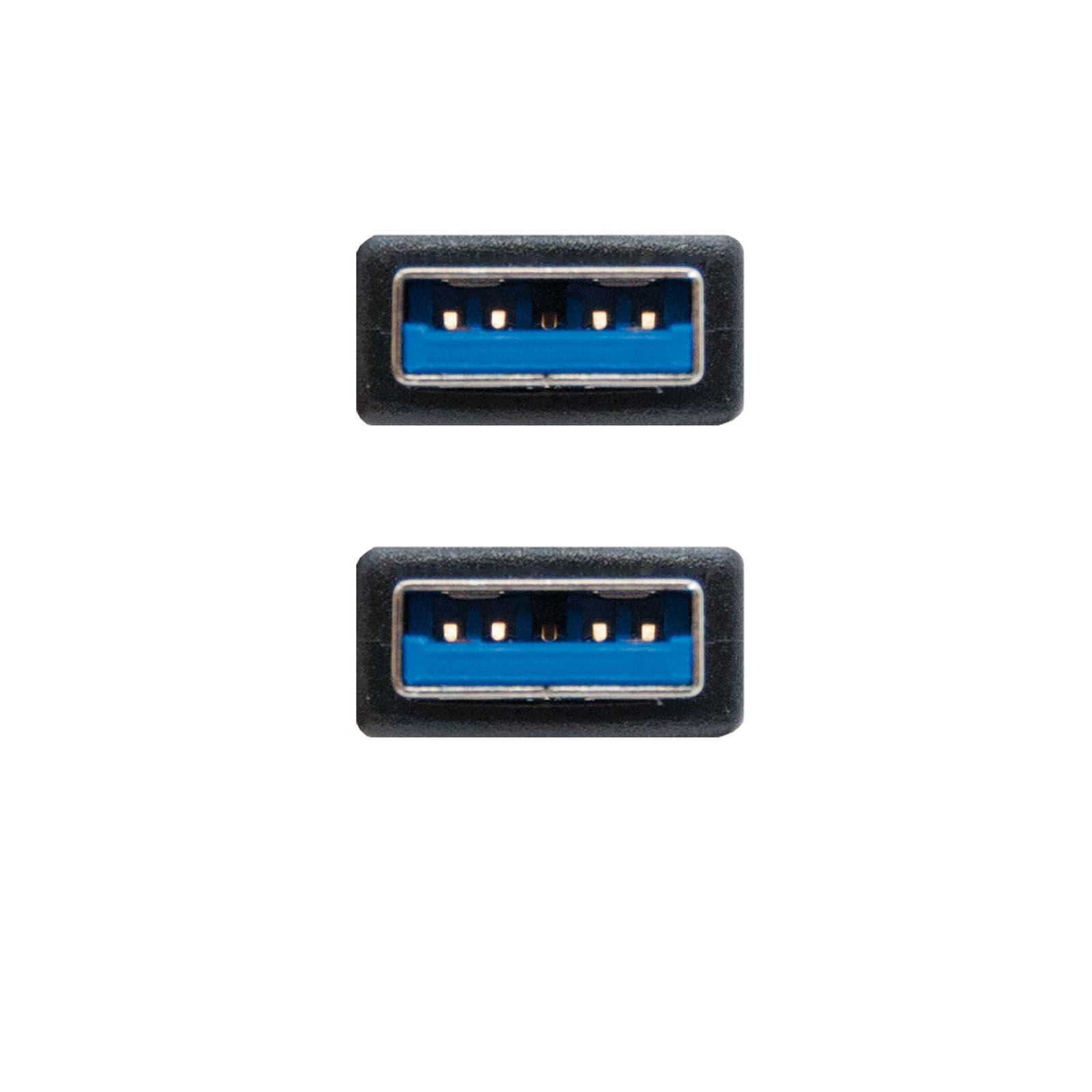 Twee USB-connectoren. Zwart met blauwe inzetstukken, op witte achtergrond.