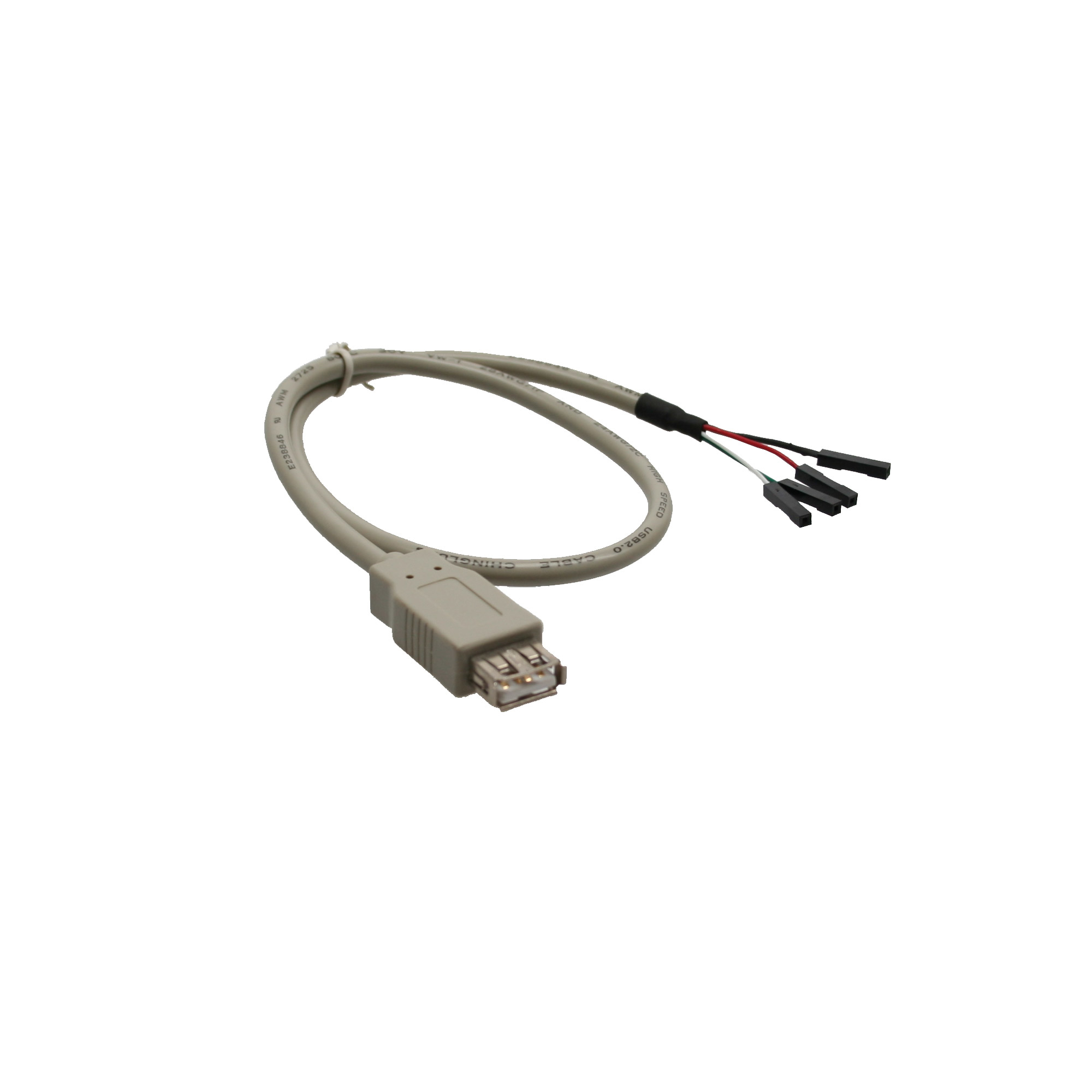 Cavo USB con connettori. Il cavo è grigio, con fili neri, rossi e bianchi a un'estremità.