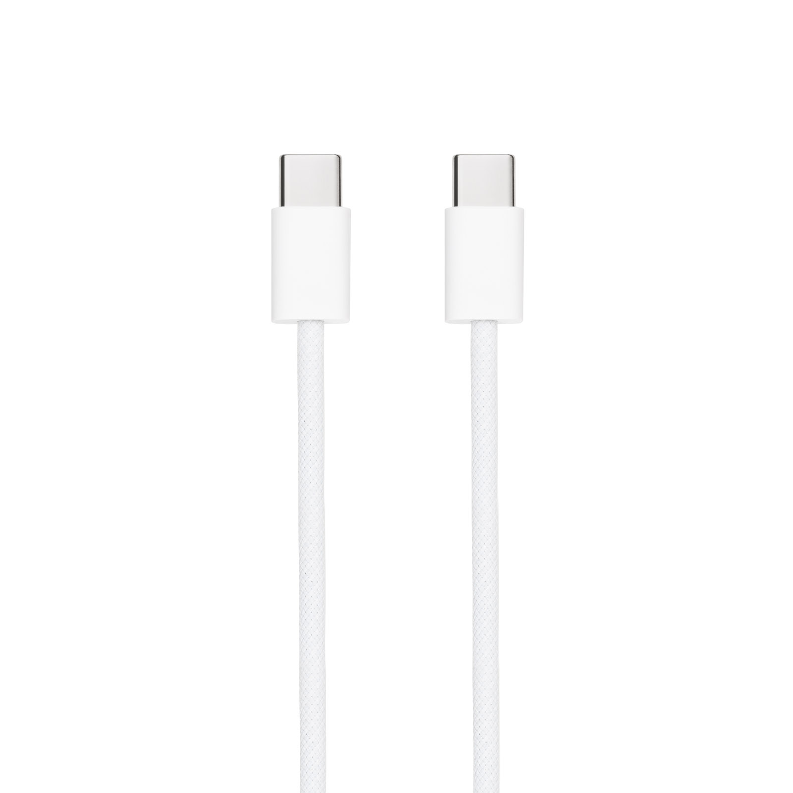 Zwei weiße USB-C-Kabel mit weißen Steckern, vor weißem Hintergrund.