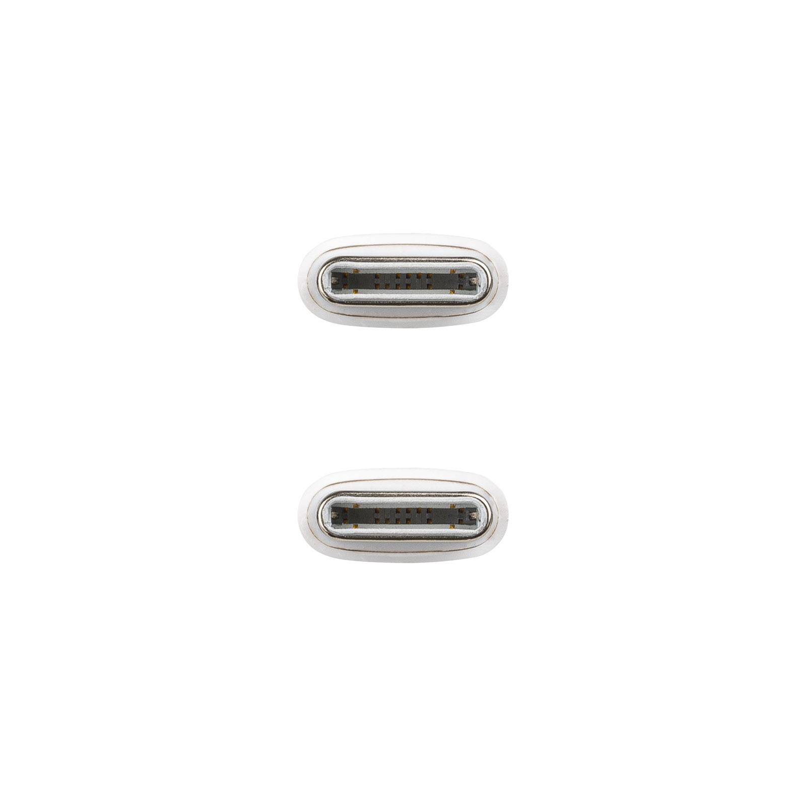 Zwei USB-C-Anschlüsse, weiß mit silbernen Details, vor weißem Hintergrund.