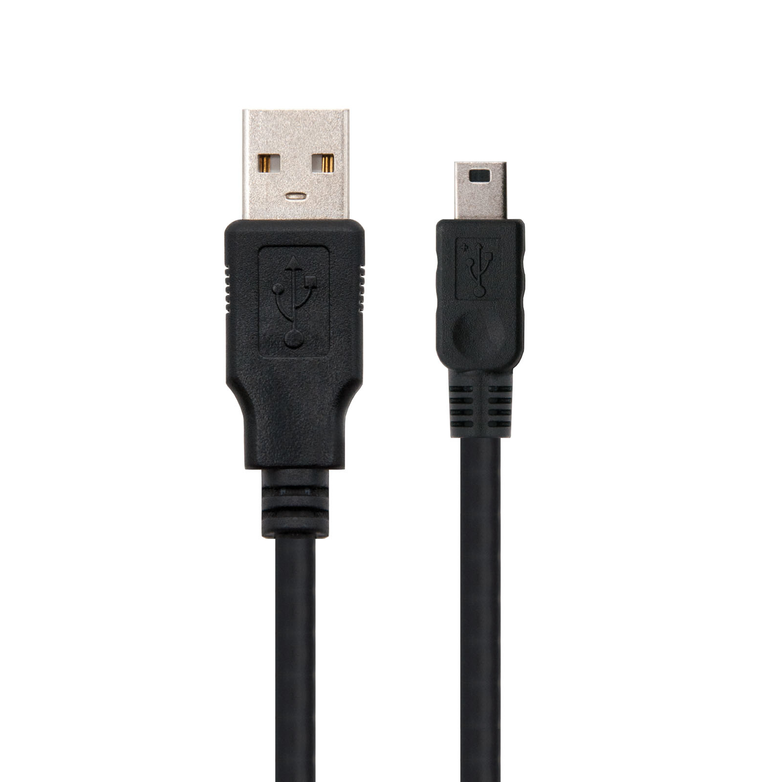 Zwei schwarze USB-Kabel, eines mit Standard-USB-Anschluss, das andere mit Mini-USB.