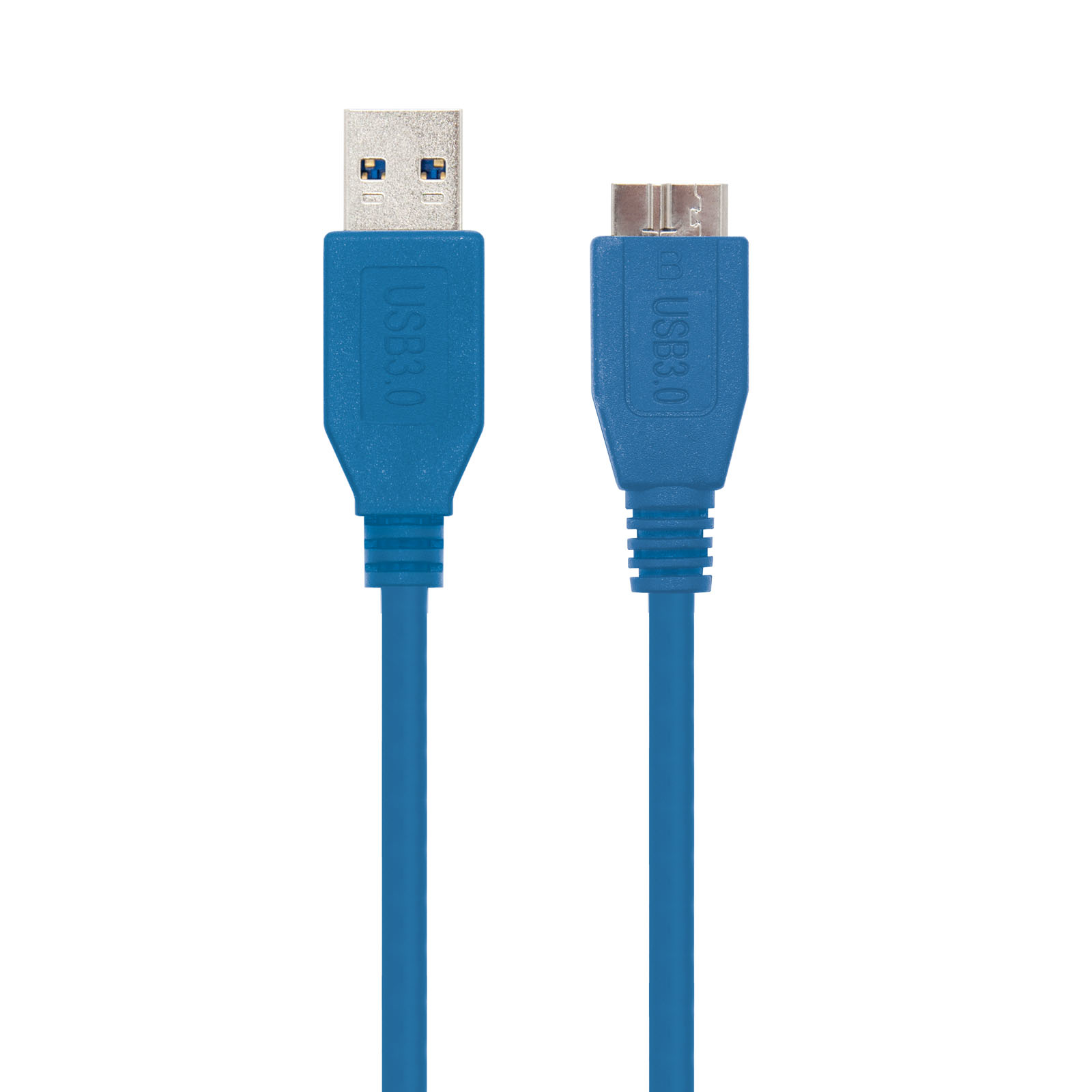 Due cavi USB 3.0 blu su sfondo bianco, affiancati.