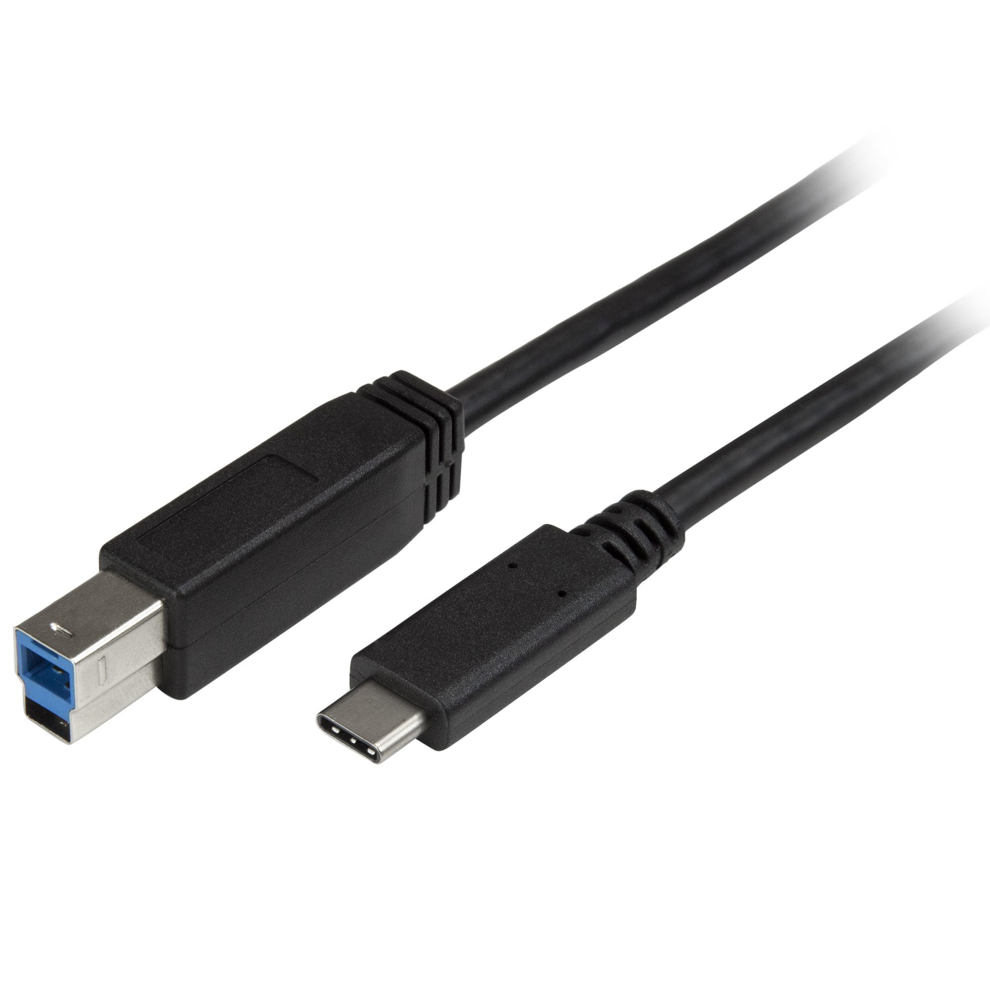 Zwarte USB-kabel met USB-B- en USB-C-connector op witte achtergrond.