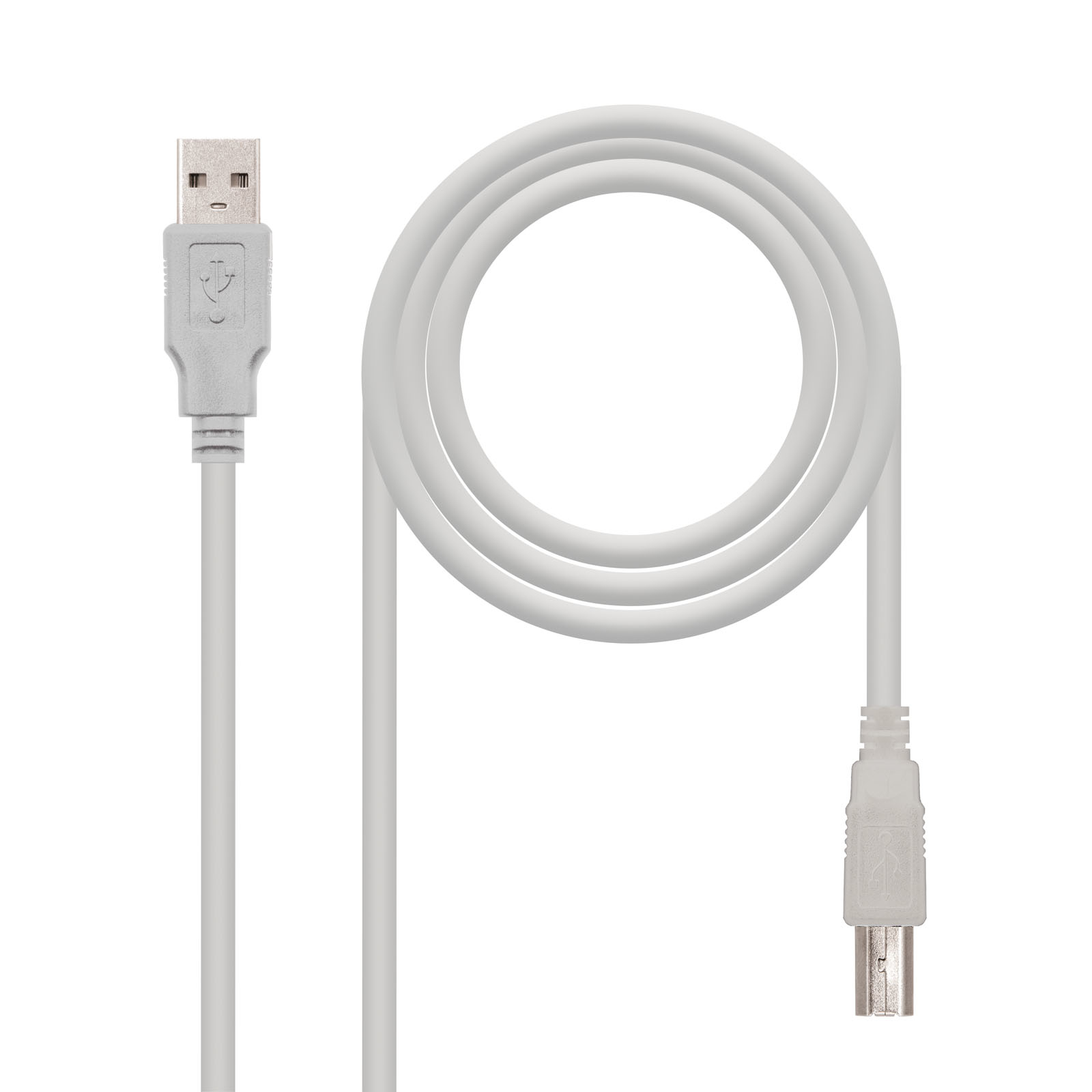 Cable USB blanco. Un extremo tiene un puerto USB, el otro un puerto USB-B.