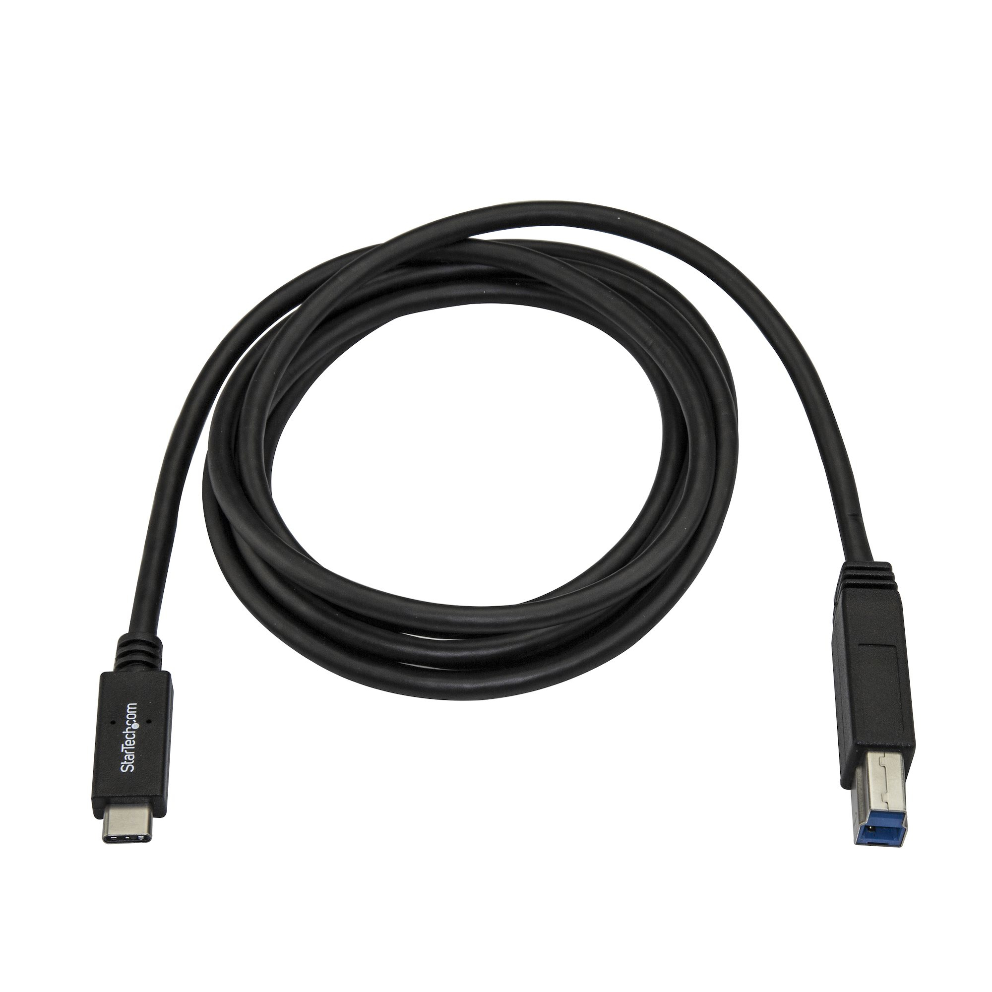 Zwarte USB-C naar USB-A kabel, opgerold.