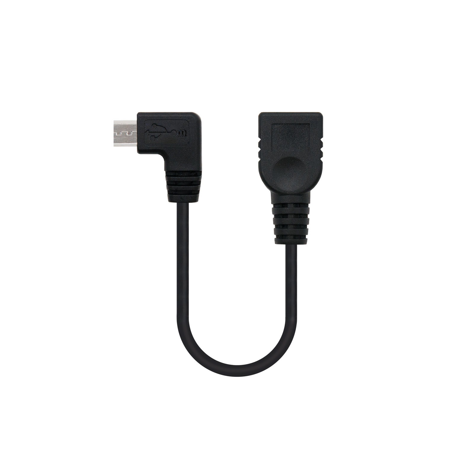 Een zwarte USB-kabel met een haakse connector en een rechte connector.