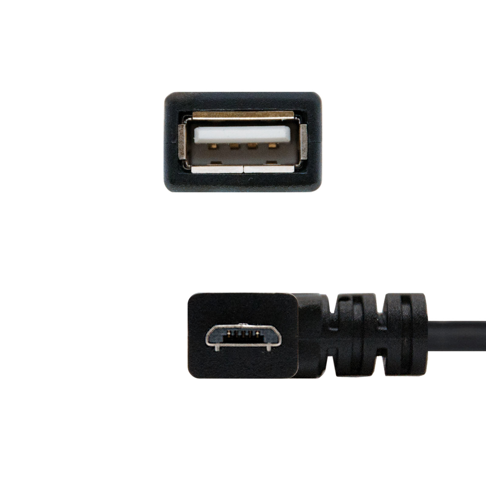 USB naar micro-USB-kabel, zwart. Boven- en zijaanzicht. Witte achtergrond.