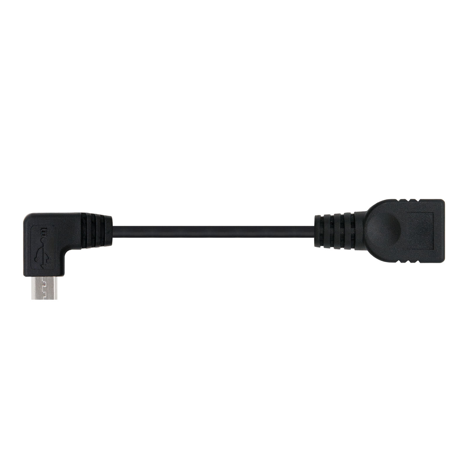 Zwarte haakse micro-USB-kabel met een micro-USB- en een standaard USB-connector.