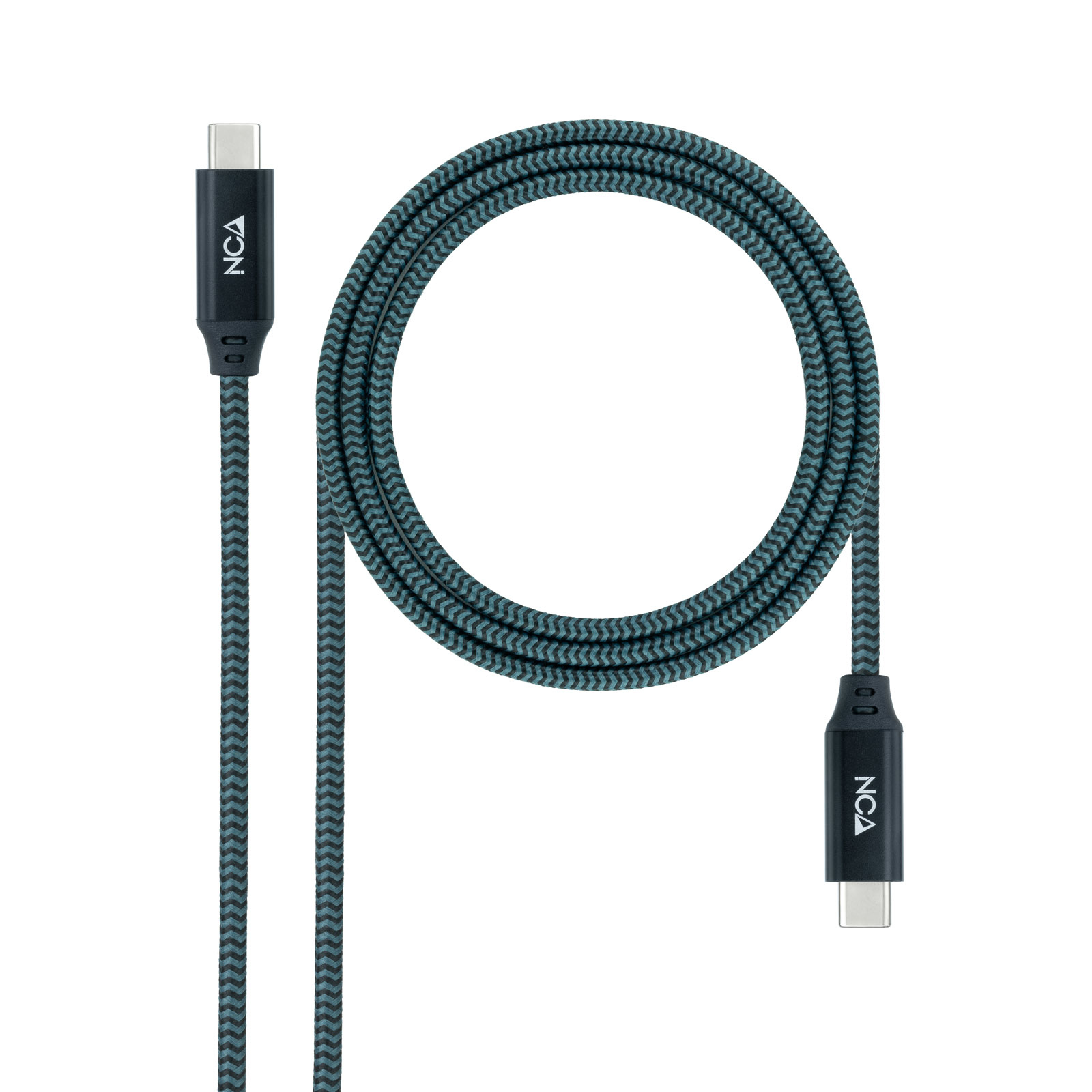 Ein USB-C-Kabel mit einem schwarz-grünen geflochtenen Kabel. Die Stecker sind schwarz.