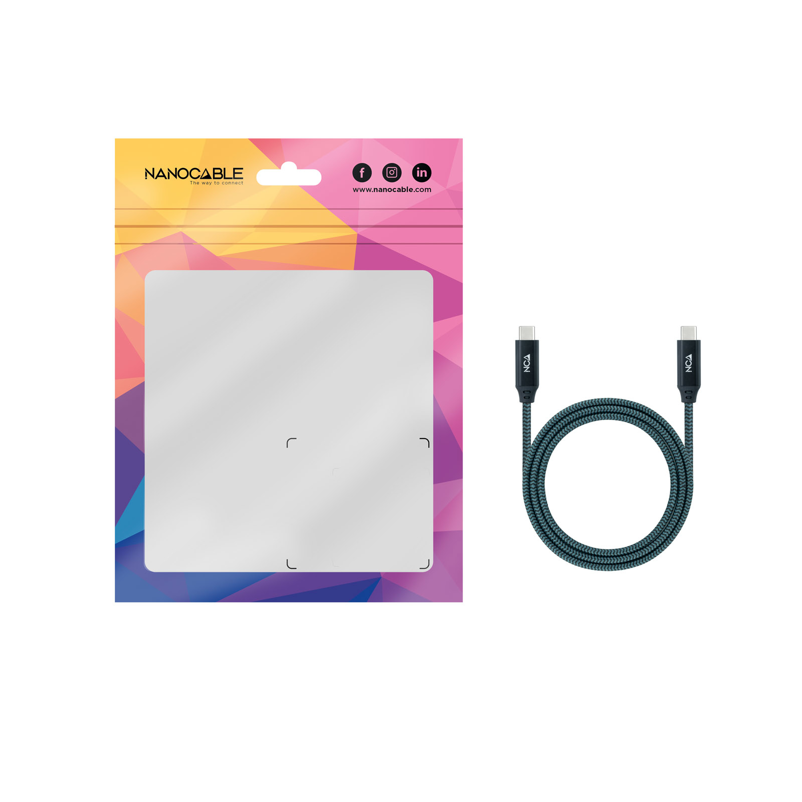 USB-C-Kabel in einer Plastikverpackung. Das Kabel ist schwarz und grün. Die Verpackung enthält die Website-Adresse.